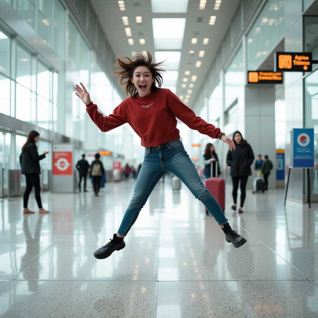 Joyful Leap at the Airport