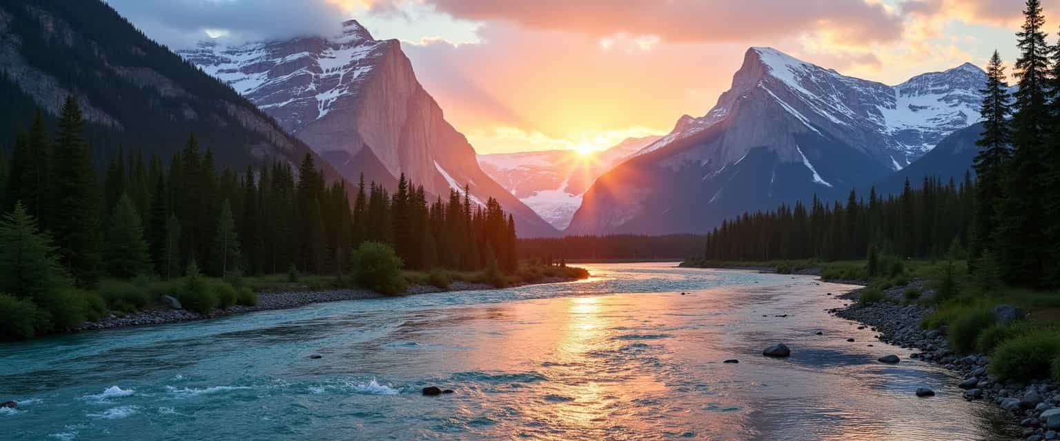Sunset Serenade Majestic Mountains Meet the Flowing River