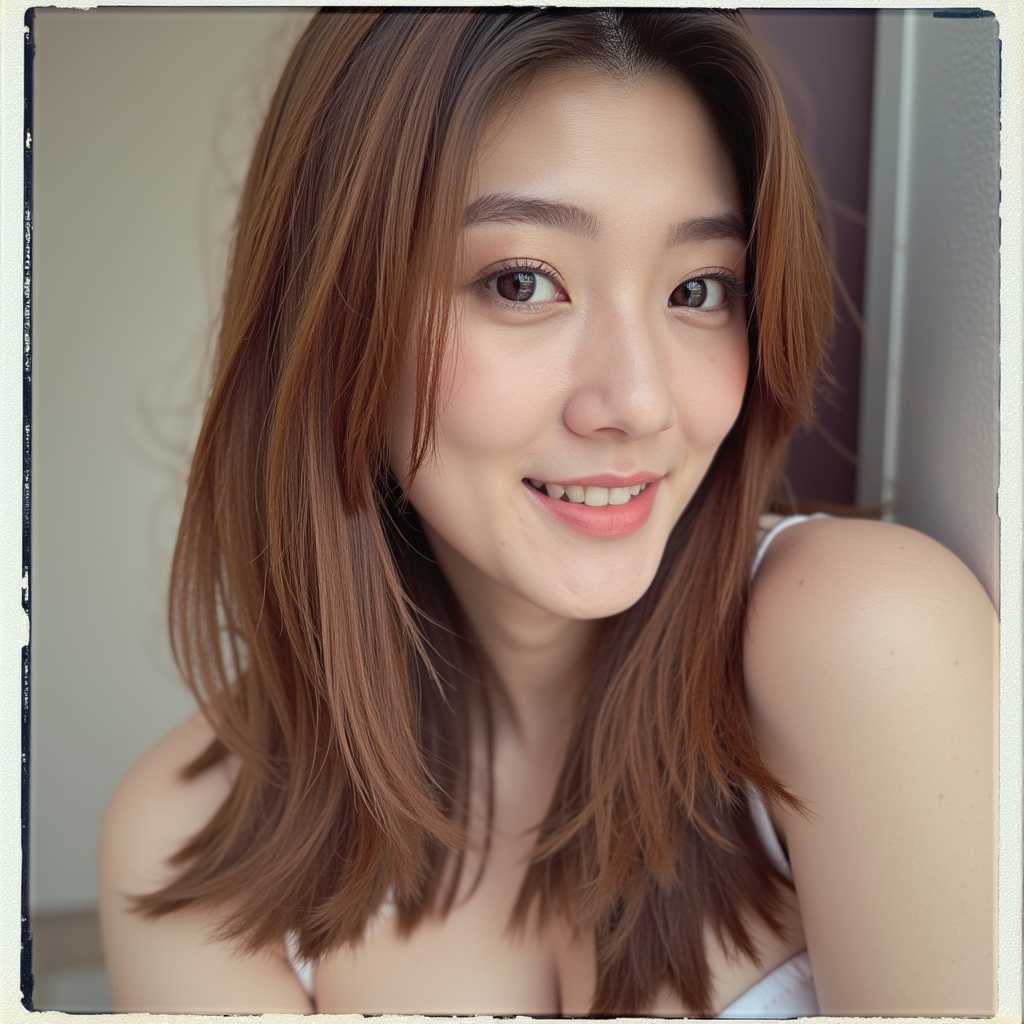 a photo of Shara, 28-32 years old, chestnut brown hair, high-quality photo portrait, shot on a Polaroid camera, double eyelid 