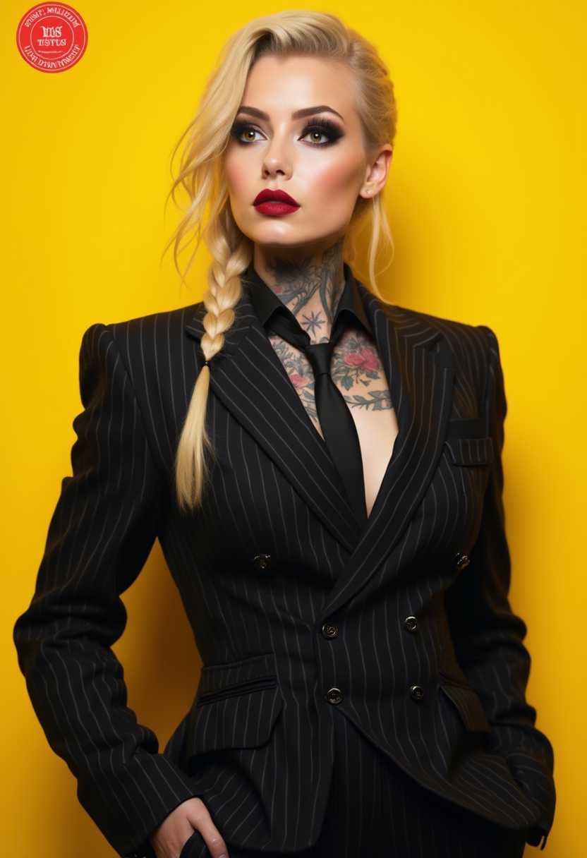 This photograph captures a subject in a meticulously tailored pinstripe suit, accompanied by a black tie and matching pocket square. The suit jacket is neatly buttoned, emphasizing its sharp, modern fit with defined shoulders and a sleek waistline, exuding a polished and professional demeanor. The subject’s hands casually rest in the pockets, enhancing the natural ease of the pose.

The subject’s hairstyle is styled in a loose, sideswept braid cascading over one shoulder, imparting a hint of rebelliousness to the otherwise formal ensemble. Their blonde hair radiates a natural, sun-kissed glow, further accentuating their appearance.

Bold and dramatic makeup dominates the subject’s face, particularly emphasizing the eyes with thick, winged eyeliner complemented by smoky eyeshadow. Matte dark red lipstick contrasts strikingly against their pale complexion. A distinct scar on the left cheek adds to the image’s rugged and resilient aesthetic.

Around the subject’s neck, an intricate floral tattoo provides a personal and artistic touch amidst the formal attire, enhancing their individuality.

The background of the photograph is a solid, vibrant yellow, creating a stark contrast with the subject’s dark clothing and complexion. The vivid, almost fluorescent hue infuses the image with a sense of energy and dynamism.

This photograph is rendered in a highly realistic style, augmented by subtle stylization evident in the exaggerated makeup and the subject’s pose. Though digital in medium, the image boasts smooth gradients and meticulous handling of lighting and shadows, lending it a compelling three-dimensional quality.

Primary elements of focus within the composition include the subject’s attire, hairstyle, makeup, and tattoo. A faint red circular logo in the top left corner serves as a discreet watermark or brand mark, minimally impacting the central focus of the subject.