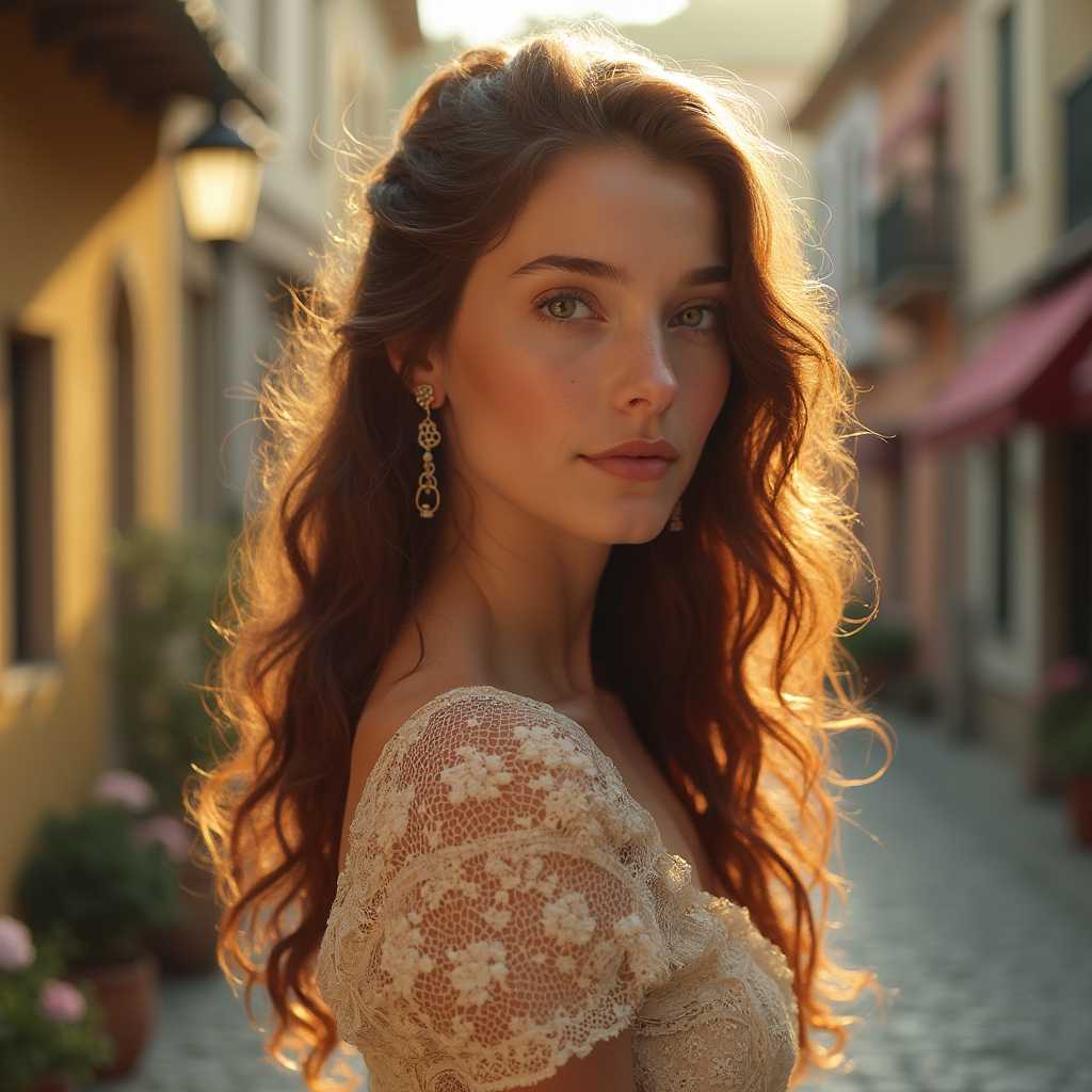 A stunning portrait of a pretty European woman with delicate features, glowing porcelain skin, and soft, wavy chestnut hair cascading over her shoulders. She is wearing a vintage lace dress with intricate floral patterns, set against a backdrop of a quaint European village with cobblestone streets and colorful houses. The woman is positioned slightly off-center, gazing thoughtfully into the distance with a serene expression. The golden hour light bathes the scene in a warm, ethereal glow, casting soft shadows and highlighting the textures of her dress and the old-world architecture. Photographed with a shallow depth of field, the background is beautifully blurred, emphasizing her radiant face and subtle details. The overall mood is nostalgic and romantic, reminiscent of a painting by John Singer Sargent, capturing a timeless elegance and grace.