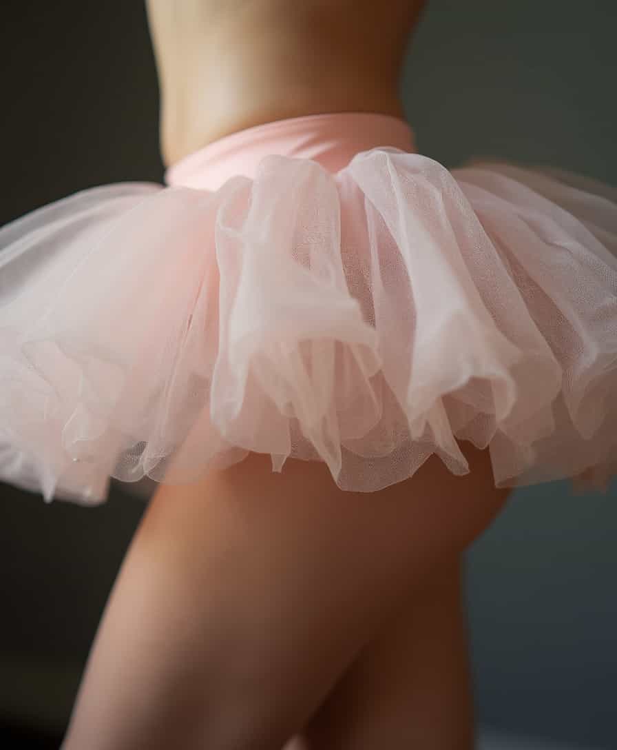 Closeup front view of a ballerina's toned and muscular, very slender thighs, barely obscured by a voluminous, beautiful tulle tutu. The tutu is a delicate blush pink, with layers of fine tulle creating a soft, ethereal effect. The lighting highlights the definition and strength of her thighs, casting gentle shadows that accentuate her musculature. The tulle of the tutu catches the light, creating a subtle shimmer. The background is softly blurred, ensuring the focus remains on the ballerina's legs and the intricate details of the tutu. The overall atmosphere is one of grace and strength, with a hint of sensuality.
