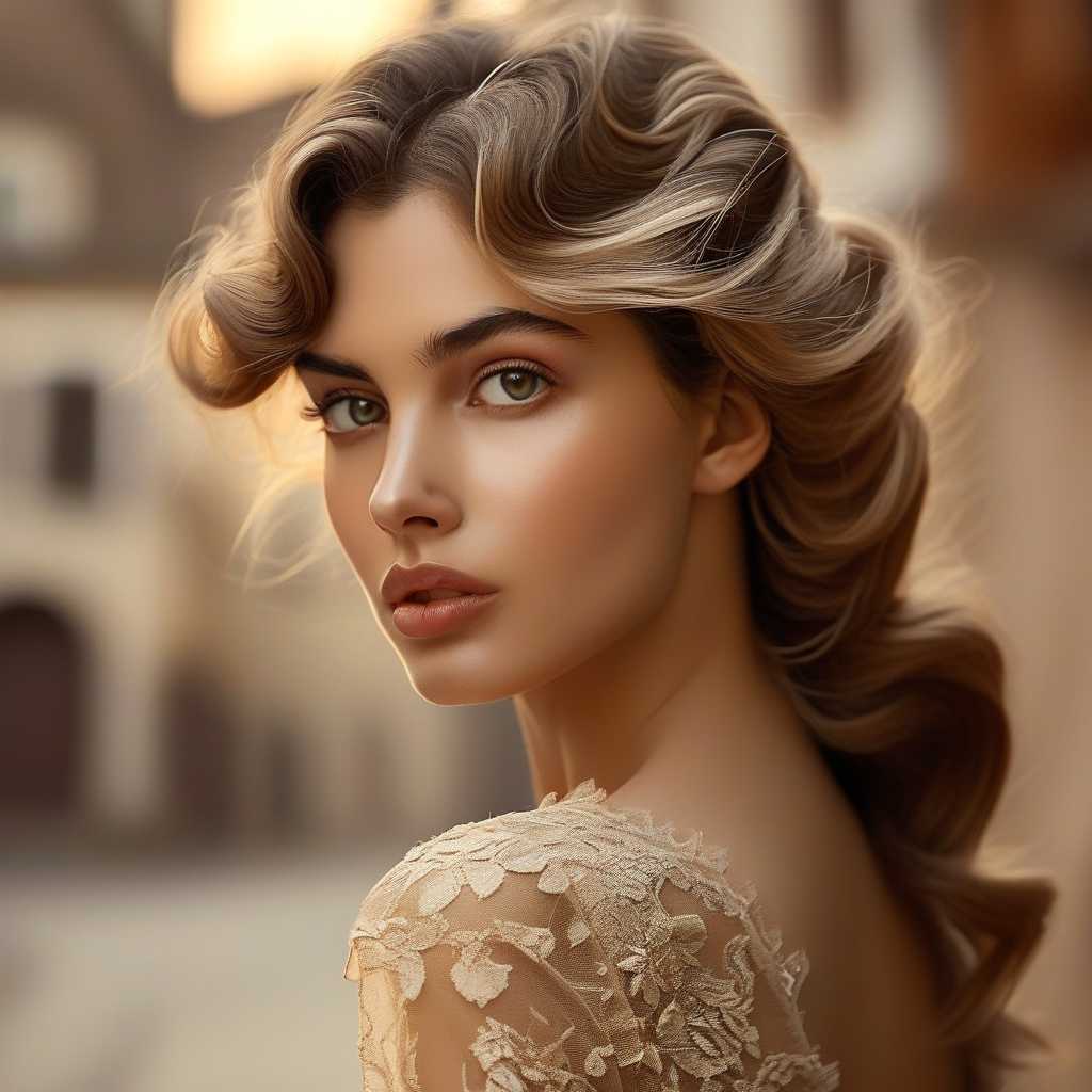 A stunning portrait of a pretty European woman with delicate features, glowing porcelain skin, and soft, wavy chestnut hair cascading over her shoulders. She is wearing a vintage lace dress with intricate floral patterns, set against a backdrop of a quaint European village with cobblestone streets and colorful houses. The woman is positioned slightly off-center, gazing thoughtfully into the distance with a serene expression. The golden hour light bathes the scene in a warm, ethereal glow, casting soft shadows and highlighting the textures of her dress and the old-world architecture. Photographed with a shallow depth of field, the background is beautifully blurred, emphasizing her radiant face and subtle details. The overall mood is nostalgic and romantic, reminiscent of a painting by John Singer Sargent, capturing a timeless elegance and grace.