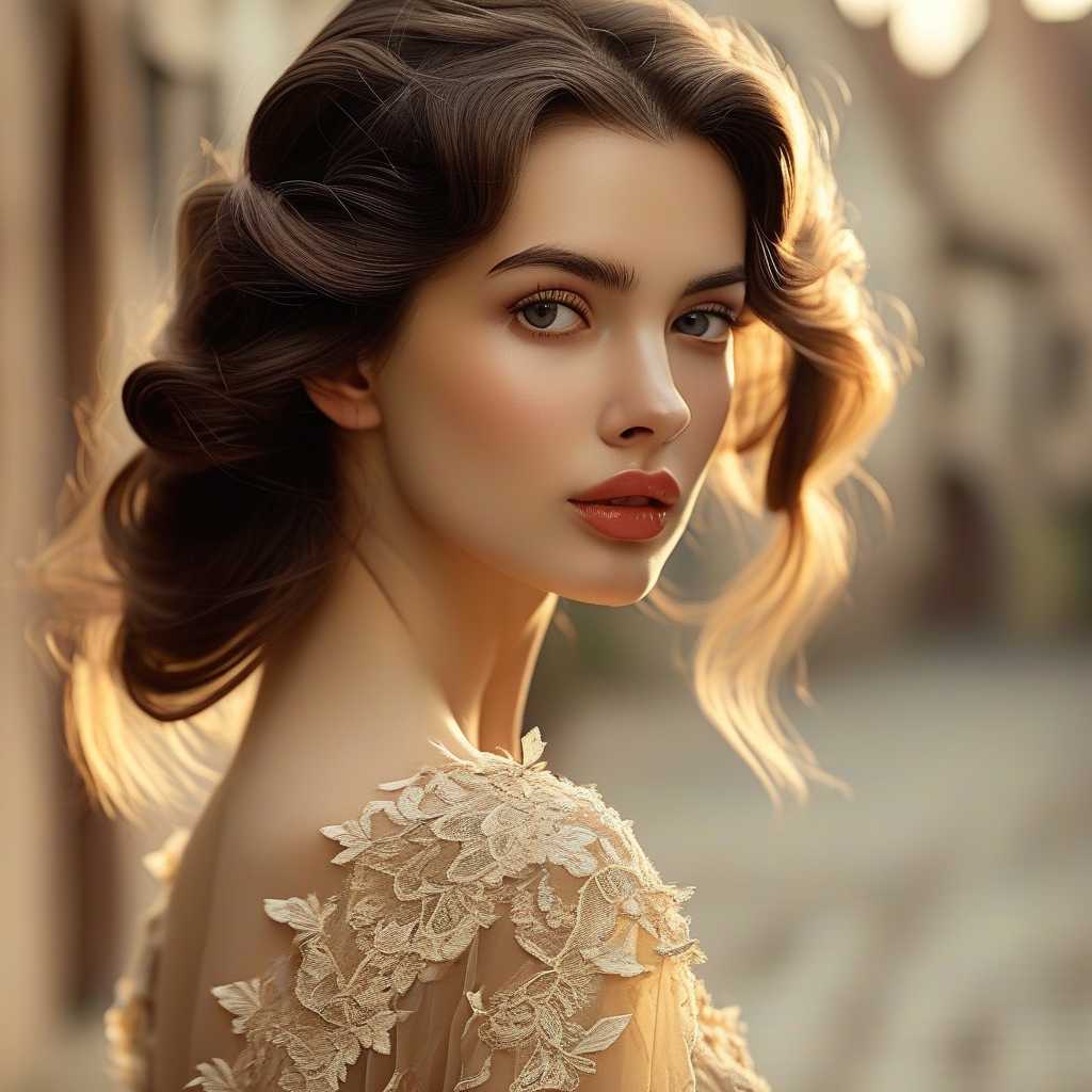 A stunning portrait of a pretty European woman with delicate features, glowing porcelain skin, and soft, wavy chestnut hair cascading over her shoulders. She is wearing a vintage lace dress with intricate floral patterns, set against a backdrop of a quaint European village with cobblestone streets and colorful houses. The woman is positioned slightly off-center, gazing thoughtfully into the distance with a serene expression. The golden hour light bathes the scene in a warm, ethereal glow, casting soft shadows and highlighting the textures of her dress and the old-world architecture. Photographed with a shallow depth of field, the background is beautifully blurred, emphasizing her radiant face and subtle details. The overall mood is nostalgic and romantic, reminiscent of a painting by John Singer Sargent, capturing a timeless elegance and grace.