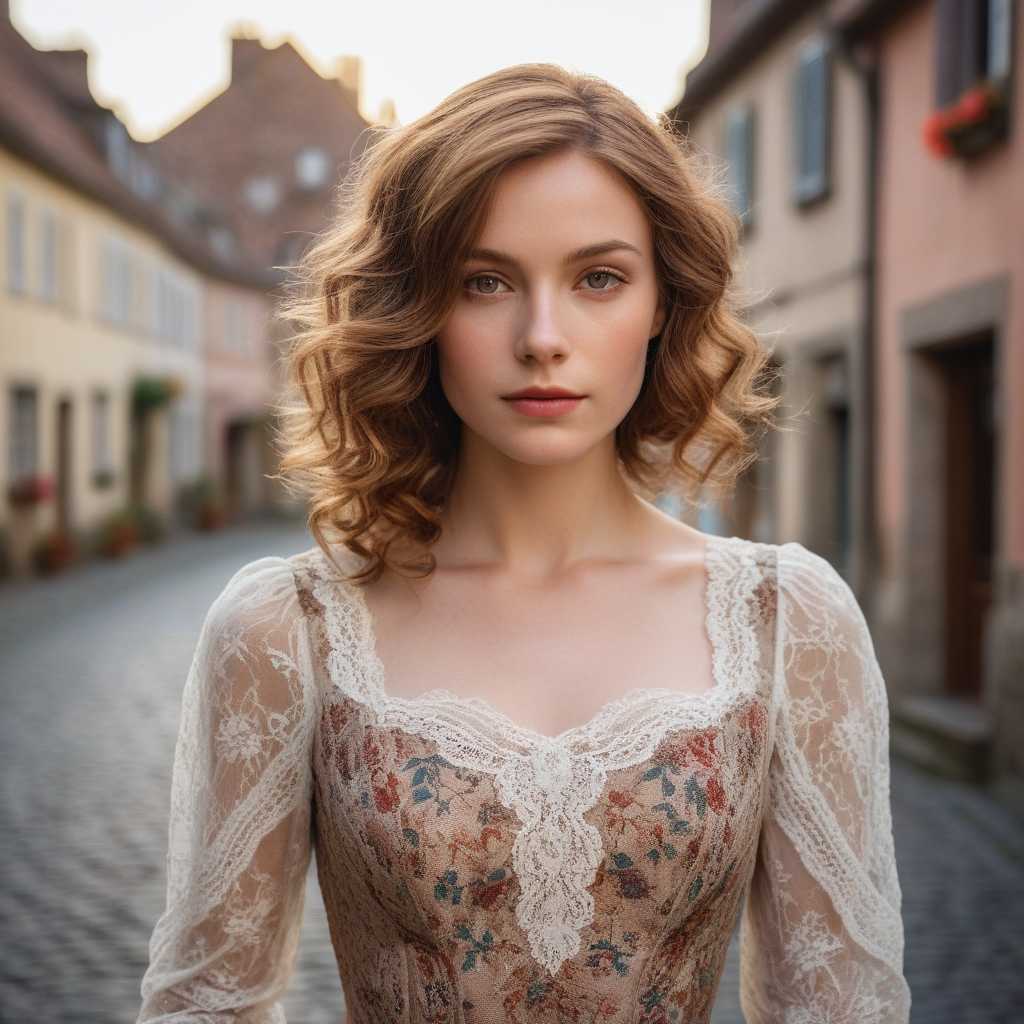 A stunning portrait of a pretty European woman with delicate features, glowing porcelain skin, and soft, wavy chestnut hair cascading over her shoulders. She is wearing a vintage lace dress with intricate floral patterns, set against a backdrop of a quaint European village with cobblestone streets and colorful houses. The woman is positioned slightly off-center, gazing thoughtfully into the distance with a serene expression. The golden hour light bathes the scene in a warm, ethereal glow, casting soft shadows and highlighting the textures of her dress and the old-world architecture. Photographed with a shallow depth of field, the background is beautifully blurred, emphasizing her radiant face and subtle details. The overall mood is nostalgic and romantic, reminiscent of a painting by John Singer Sargent, capturing a timeless elegance and grace.