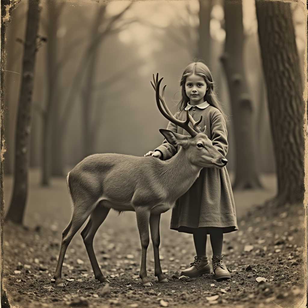 An aged worn sepia monochrome 1800s photograph, a young girl in forest with a deer