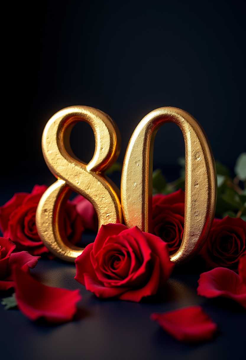 The number 80 in large, ornate golden letters, shimmering with a slightly reflective surface. The numerals are styled with an elegant, calligraphic font, featuring intricate flourishes and delicate curves. The gold has a warm, rich tone with subtle highlights and shadows, giving the letters a three-dimensional appearance. The background is a dark, deep navy blue, enhancing the contrast and making the golden letters stand out brilliantly. Soft, ambient lighting casts a gentle glow around the numbers, creating a regal and sophisticated atmosphere. The composition is centered, with the numerals occupying the majority of the image space, framed perfectly to draw focus to the elegance and luster of the golden letters. red roses in the Background