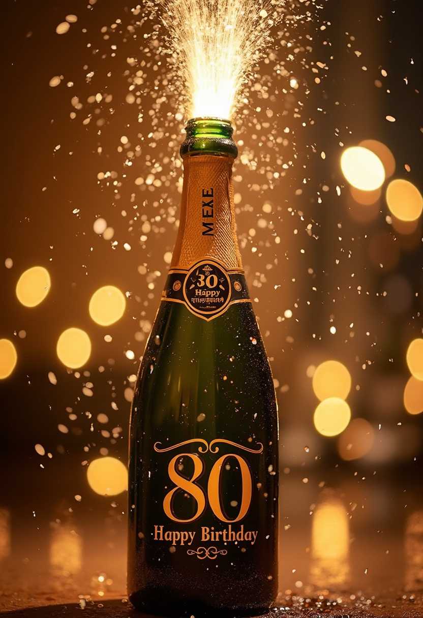(Open bottle of champagne: 1.5), the number 80 is written on the label in elegant gold letters, surrounded by the text “Happy Birthday”. The champagne squirts powerfully from the bottle into the air, forming sparkling arcs and droplets. The bottle is in the center of the image at an angle of 45 degrees and is shot from close up to capture the details of the label and the sparkling liquid. The background is a festive, slightly blurred scene with twinkling lights that emphasize the celebration. The warm, golden ambient lighting gives the image a sense of luxury and joy, emphasizing the sparkle of the champagne and the label. The high-resolution shot shows every bubble and sparkle in great detail, bursting the scene with dynamic energy and excitement. in