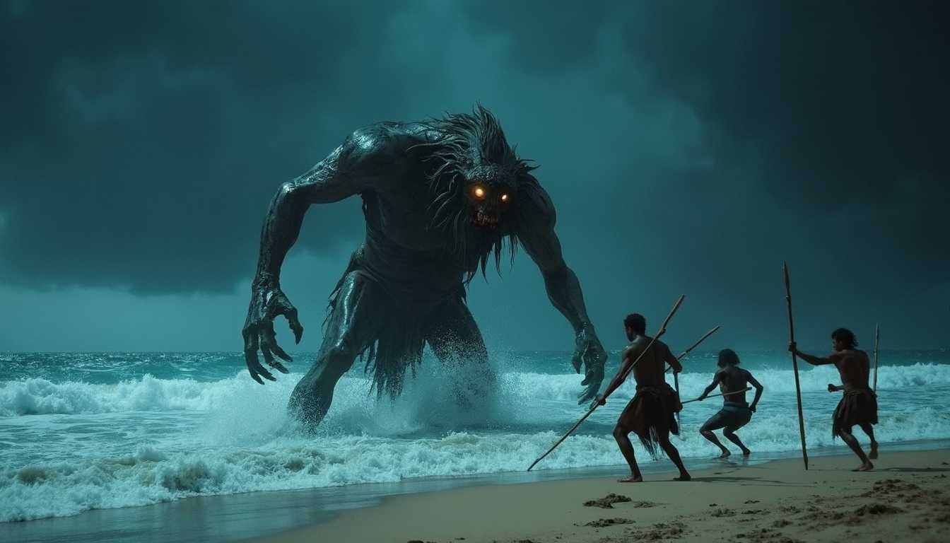 dynamic horror movie scene, a terrifying non-human monster, emerges from the crashing waves on a sandy beach at night. (((ancient warriors battle the creature with spears)))