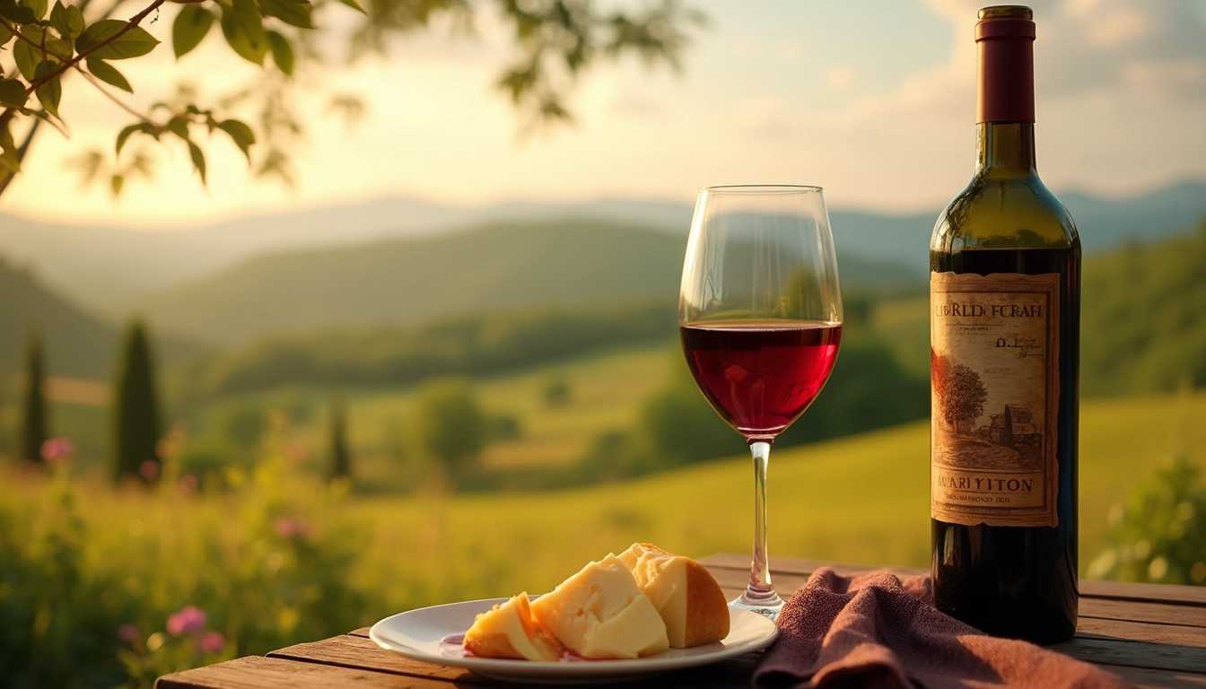 Savoring the Sunset: A Glass of Red Wine and Cheese on a Rustic Table.