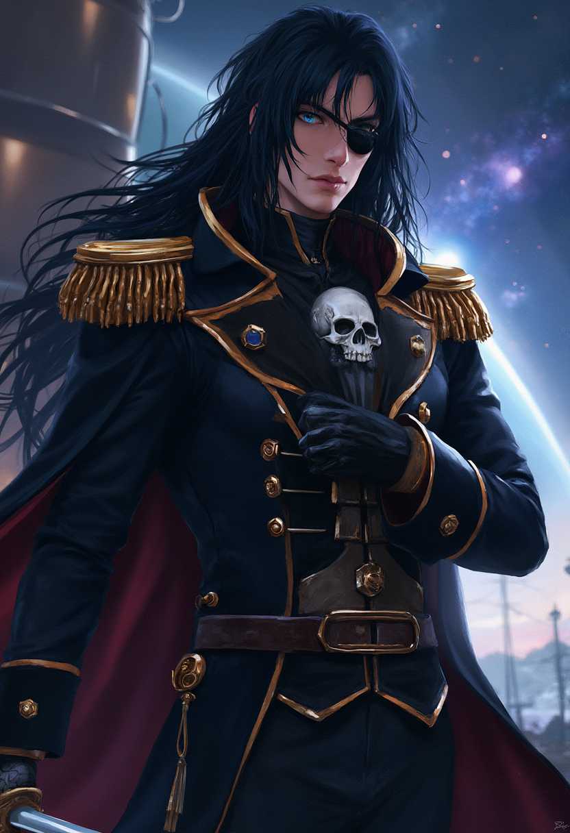**Subject**: A commanding portrait of Captain Harlock, the legendary space pirate.

**Visual Details**: Captain Harlock is depicted with his signature long, flowing black hair, and a determined expression. His piercing blue eye contrasts with his characteristic eye patch covering the other eye. He wears a richly detailed, dark captain's coat adorned with gold trimmings, epaulets, and a prominent skull-and-crossbones emblem on the chest. The texture of the coat is intricately rendered to show worn leather and battle scars. His hand rests confidently on the hilt of a cutlass with an ornate handle.

**Style**: Hyper-realistic digital artwork with elements of classic anime aesthetics.

**Composition**: The image captures Captain Harlock from a slightly low angle to convey his authority and heroism. He stands on the deck of his spaceship, the Arcadia, with the vastness of space as the background, filled with distant stars, nebulae, and planets.

**Mood and Atmosphere**: The overall tone of the image is dramatic and heroic. The scene is set during the twilight hours of space, with soft, ambient lighting casting shadows that highlight Harlock's determined and fearless demeanor. The colors are rich and deep, emphasizing the infinite expanse of