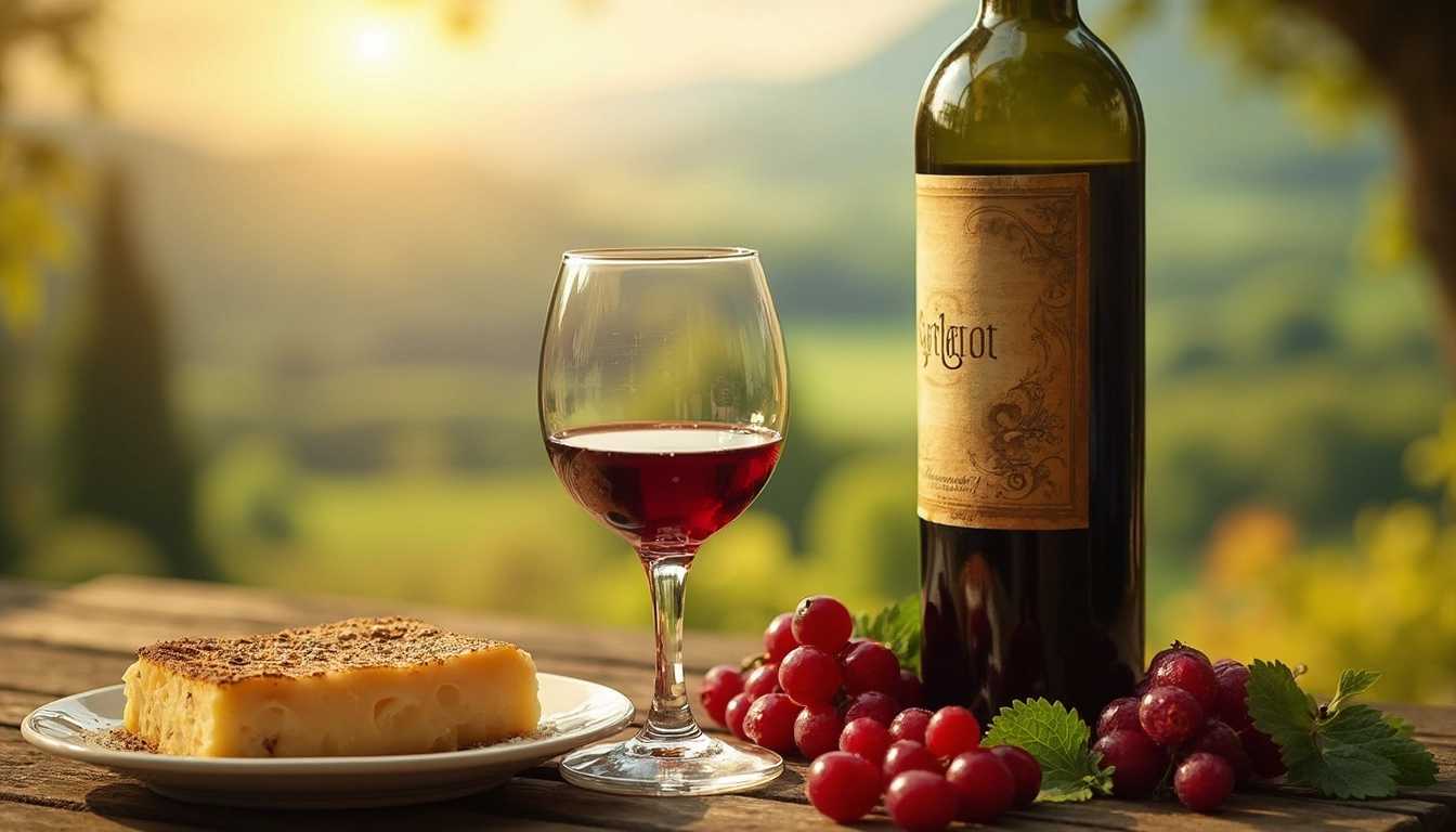 profi photo close up shot of detailed glas of red wine beside wine bottle and a dish of cheese on wooden table, wine bottle with old label with letters "Merlot", background of italian Toscana landscape on sunny day, bokeh, hyper detailed, high dynamic, film grain, Canon 5D Mark III, 36 mm, f1/2, 8k, high res, photorealistic, ultra high detail, lifelike