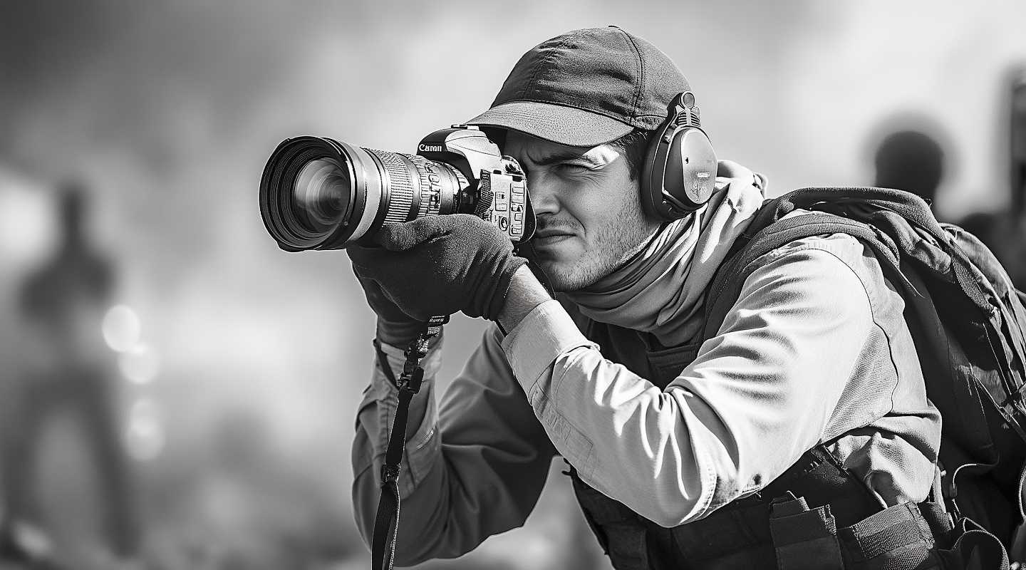 (black & white), b&w, professional action photo shot of reporter in middle east war zone, reporter holding a DSLR camera with zoom lens and take photo of explosion scene, bokeh, hyper detailed, high dynamic, film grain, haze atmosphere, dangerous scene, depth of field focus on reporter, Canon 5D Mark III, 36 mm, f1/2, 8k, high res