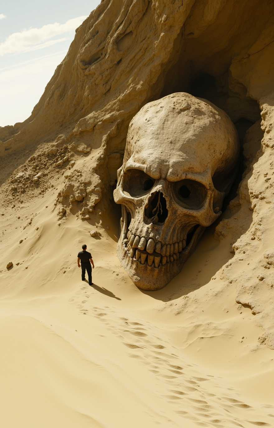  photorealistic giant skeleton half-covered by sand in desert, discovered by archaeology in indiana jones style