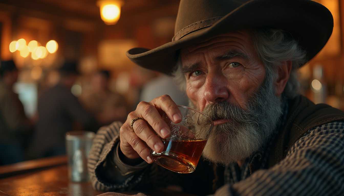 photorealistic close up shot of old cowboy sitting in saloon bar and drinking whisky, wearing old cowboy hat, high detailed skin texture, skin wrinkles, skin pores, grey beard, hyper realistic, bokeh