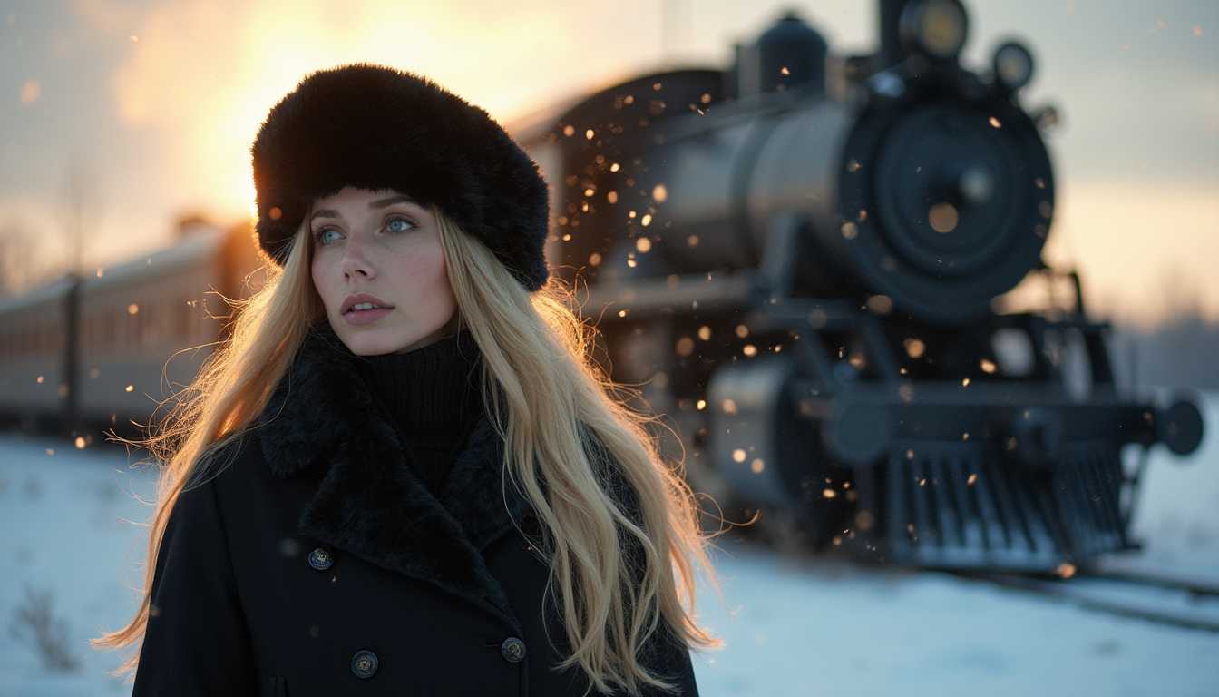 A very thin, tall woman with exceptionally long, flowing blonde hair, draped in a luxurious winter coat made of rich, dark fabric, stands gracefully against a snow-covered landscape. She wears a sleek black fur hat that contrasts elegantly with her golden locks. The coat features intricate, detailed stitching and buttons that add a touch of sophistication. Twilight casts a soft, ethereal glow on the scene, with the setting sun creating a gentle halo effect around her hair, making it radiantly shimmer. Her expression is serene, and hints of the cold air are visible through her breath. Snowflakes gently fall around her, adding a magical, almost dreamlike quality to the scene. In the background, a large steam train adds an element of nostalgic charm. The overall style is a blend of classic portraiture and modern fashion photography, focusing on texture, contrast, and atmospheric lighting to create a cohesive, enchanting image. The composition captures the woman from a slight low angle, enhancing her elegance and the majestic setting, with the train positioned to one side to frame her gracefully.