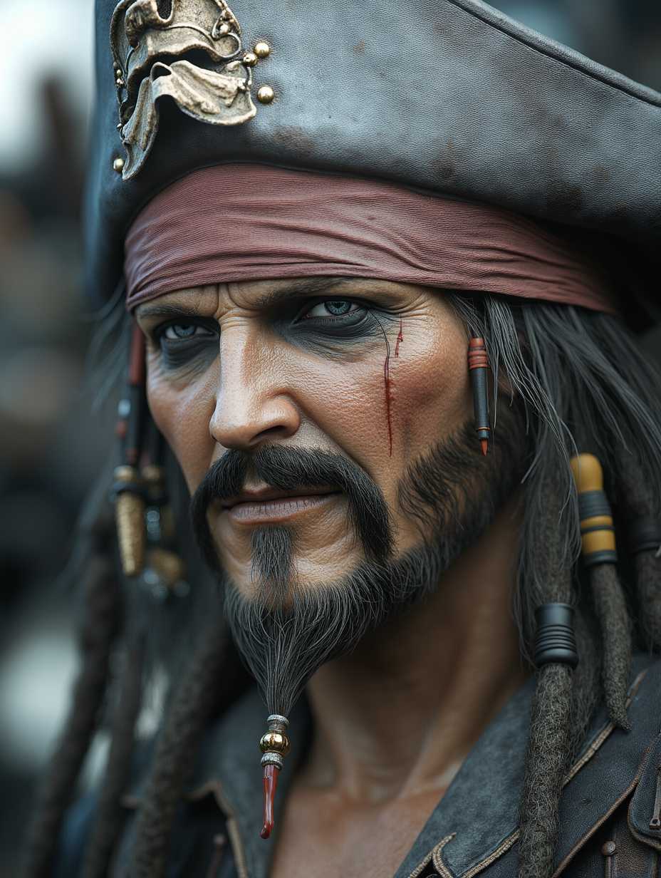 photorealistic close up shot of pirate in style of jack sparrow, wearing pirate hat, high detailed skin texture, skin wrinkles, skin pores, black beard, hyper realistic, bokeh, photorealistic, ultra high detail, lifelike