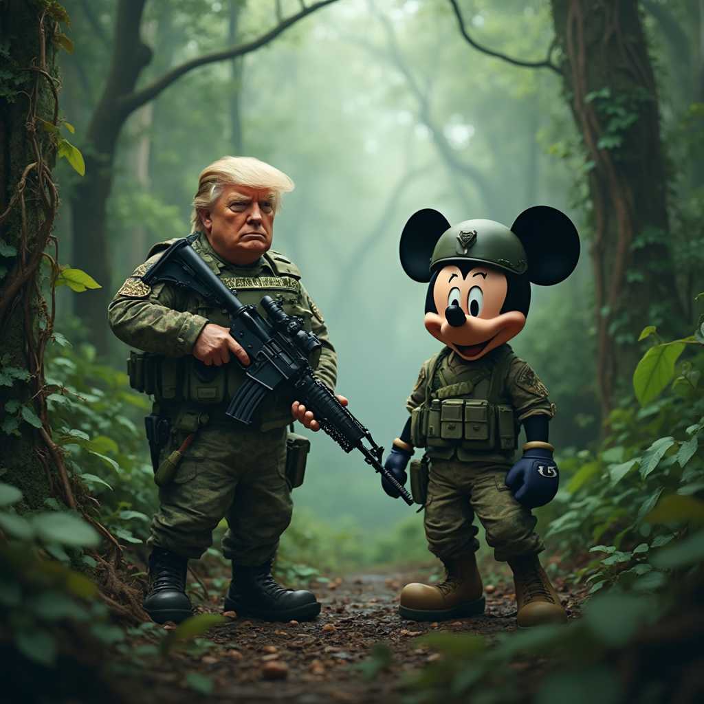 Unusual Allies Mickey Mouse and a Human Soldier in Military Gear Amidst a Forest