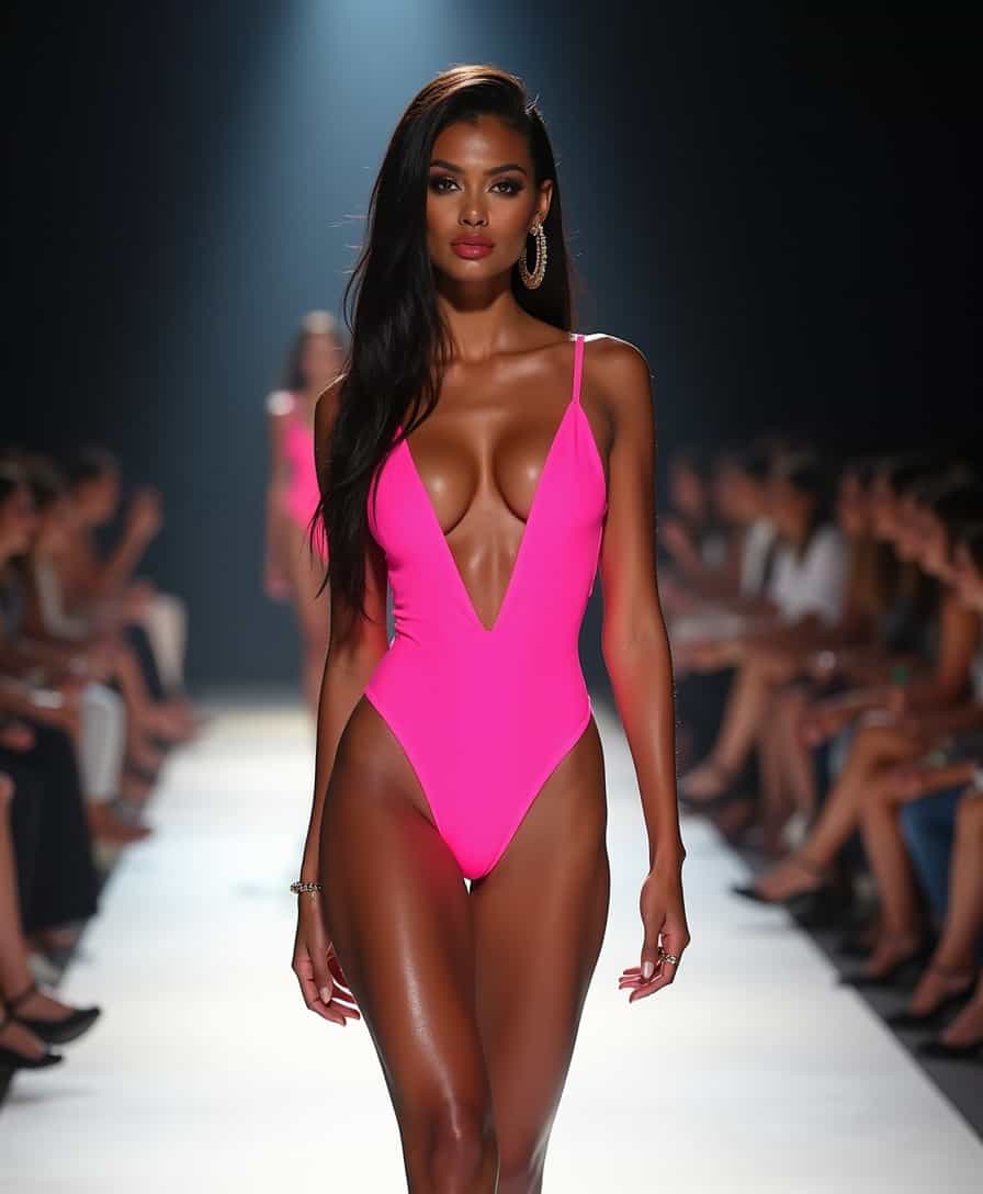 A captivating 24-year-old Italian model with thick thighs and a tiny waist struts down the runway. The shot is a full-body portrait taken from a slightly low angle to accentuate her curves and long legs. She is wearing a high-cut, neon pink one-piece swimsuit that hugs her body, highlighting her hourglass figure. The swimsuit features a deep V-neckline and thin spaghetti straps, offering a glimpse of side-boob. Her olive skin glistens under the bright runway lights, which create a vibrant contrast with the neon pink fabric. Her long, straight raven-black hair is styled in a sleek, middle part, flowing down her back. She sports a bold makeup look with a matte finish, featuring a bright red lip and smoky eyes that add to her sultry appearance. She accessorizes with oversized gold hoop earrings and a delicate gold anklet on her right ankle. The lighting is strategically focused on her, casting a soft glow that enhances her features while the background remains slightly dimmed. The runway is lined with spectators, their faces blurred to maintain the focus on the model. The atmosphere is charged with excitement, as the audience is mesmerized by her confident walk and sensual allure.