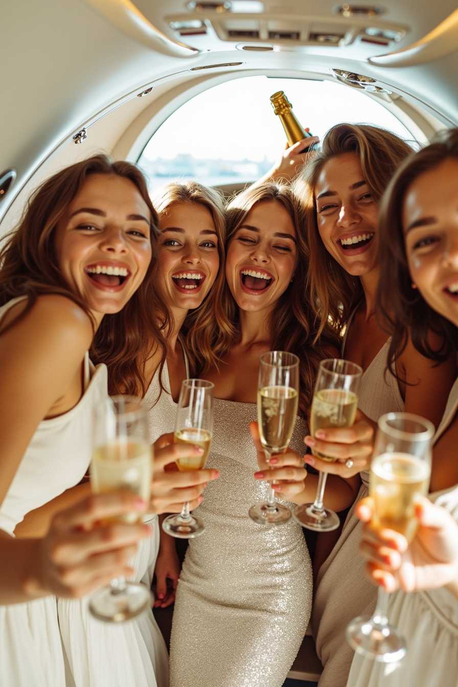  selfie shot with iPhone 15 Pro Max of group of young female students in party dress have party inside huge luxury private jet with glasses and bottles of champaign, laughing, funny, high detailed, intrinsic skin details, skin texture, skin pores, slim bodies, long hair