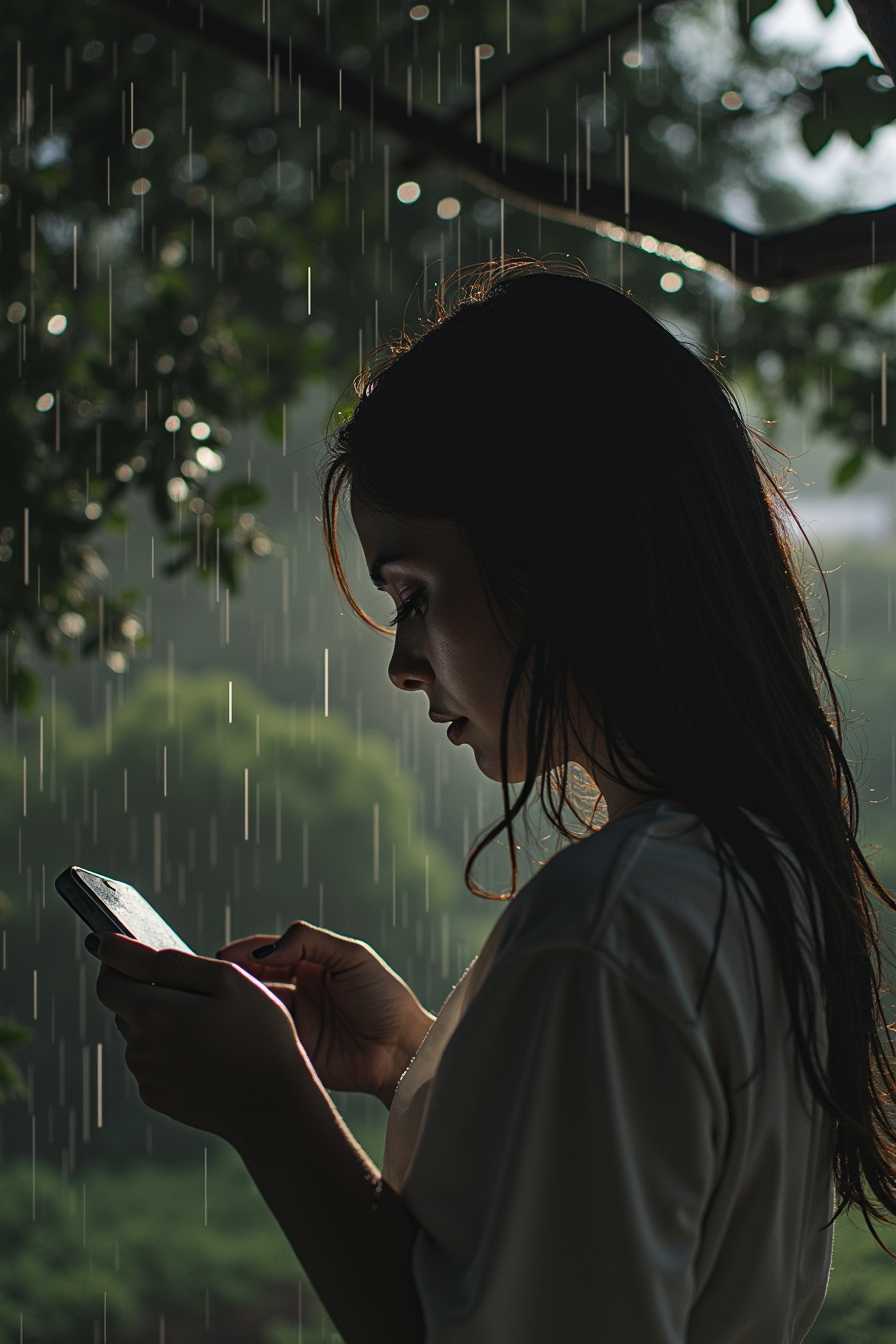  Unparalleled masterpiece, (photorealistic:1.4), best quality, beautiful lighting, photo of a beautiful mexican woman (from behind) is standing in the rain near the mayan pyramids, chichén itzá, in yucatan, (taking a photo of the scene with her phone::1.2  ), dark night, heavy rain, bokeh, highly detailed::1