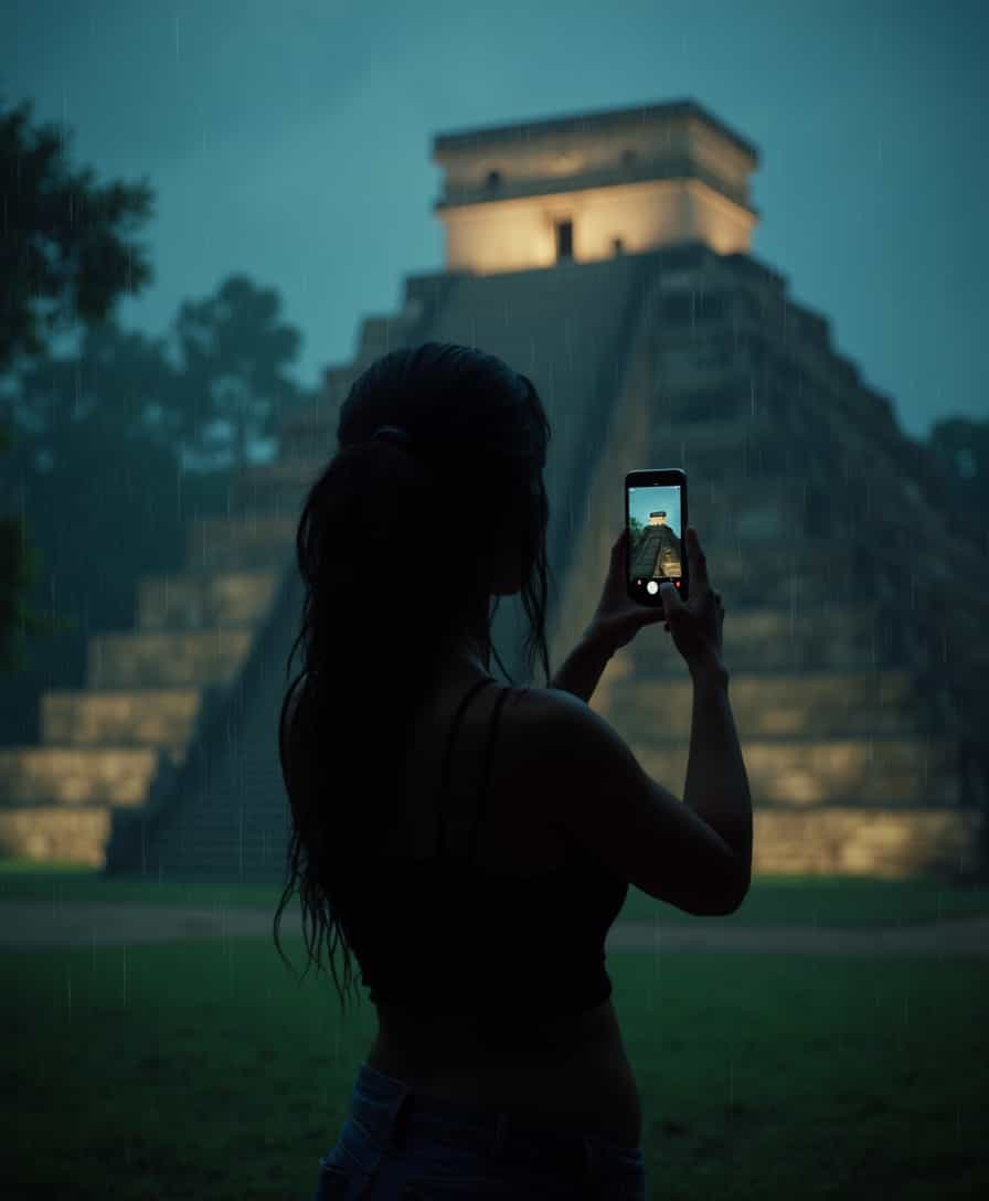  Unparalleled masterpiece, (photorealistic:1.4), best quality, beautiful lighting, photo of a beautiful mexican woman (from behind) is standing in the rain near the mayan pyramids, chichén itzá, in yucatan, (taking a photo of the scene with her phone::1.2  ), dark night, heavy rain, bokeh, highly detailed::1, photorealistic, ultra high detail, lifelike