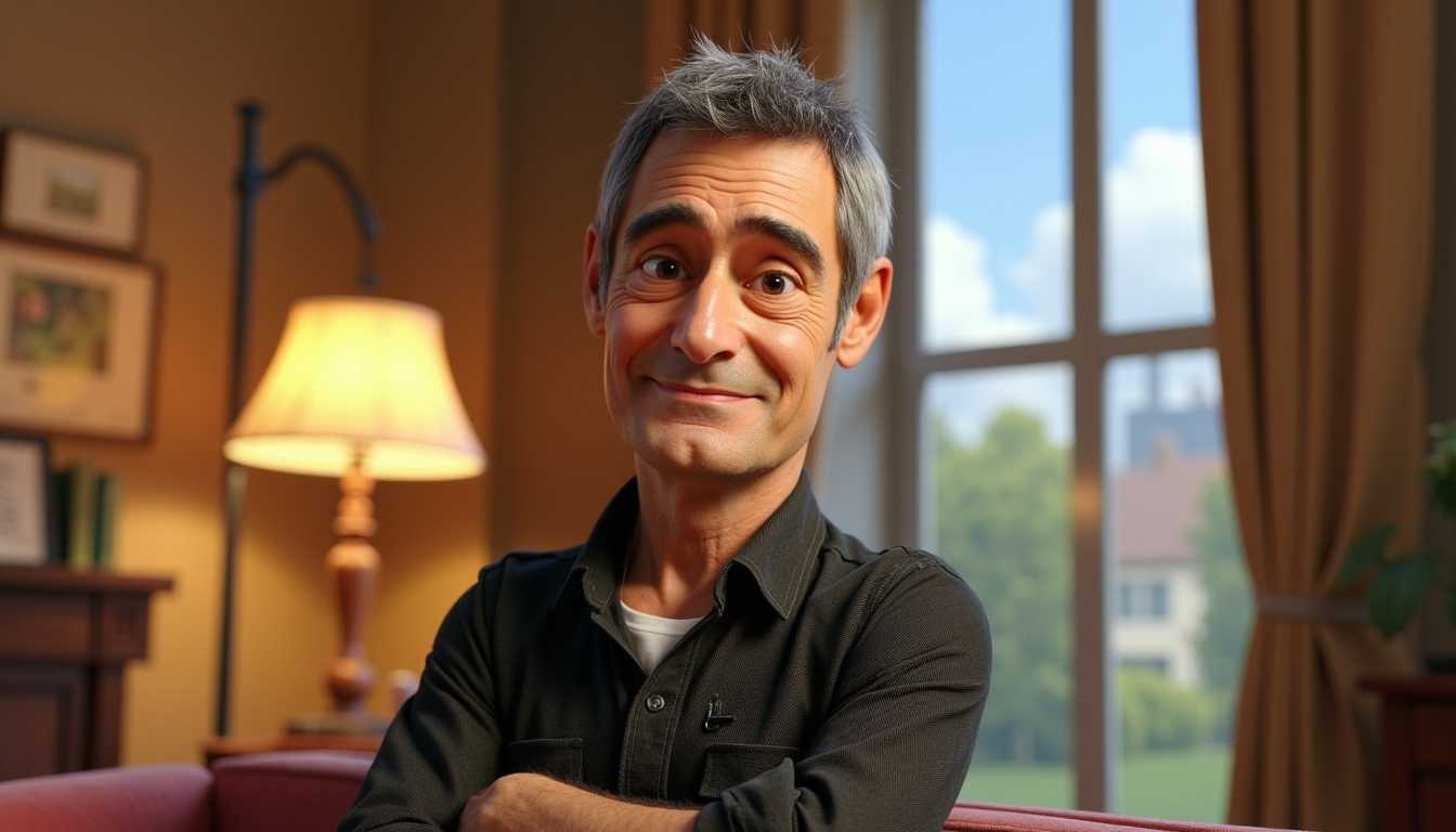 UN PORTRAIT D'UN HOMME RESSEMBLANT A GERARD LANVIN, STYLE PIXAR 3D

