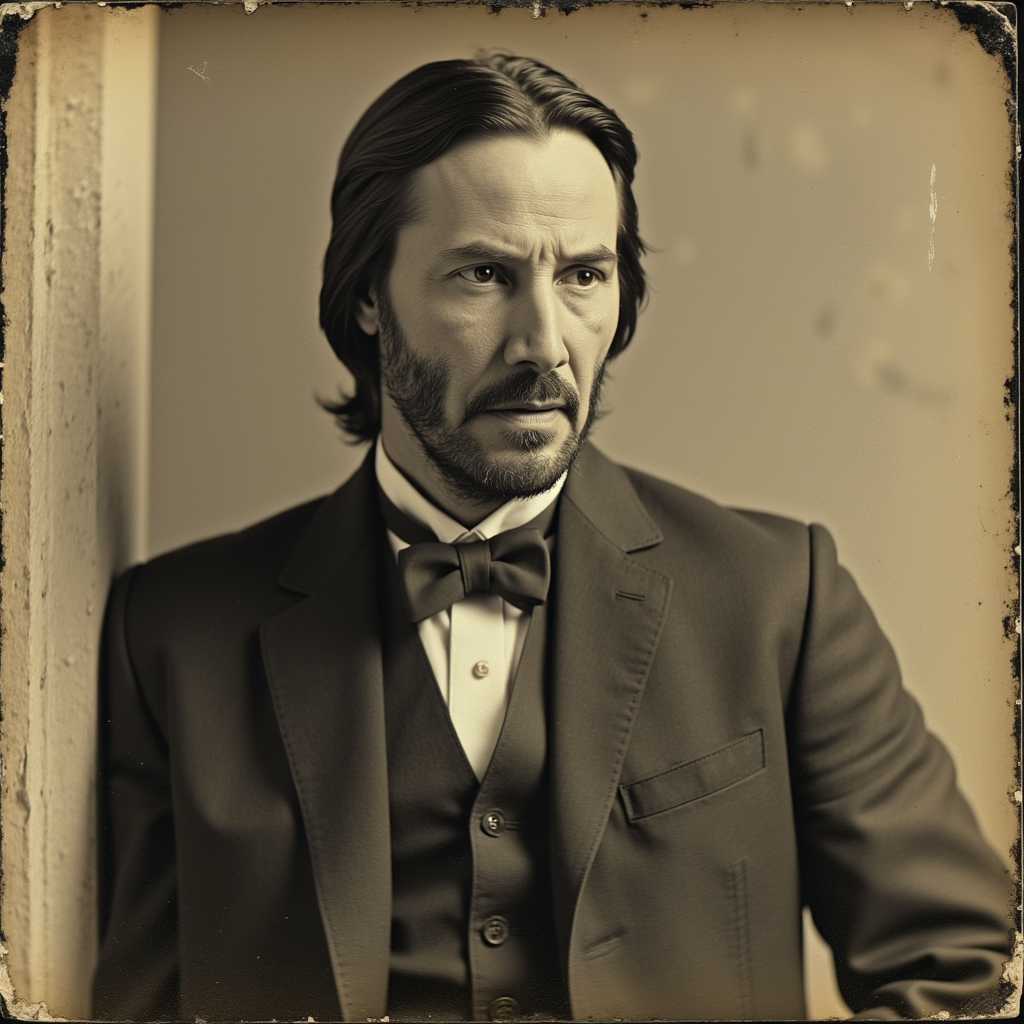 JOHN WICK, An aged worn sepia monochrome 1800s photograph, une photo d'un homme ressemblant à John WICK, il est accolé contre un mur, avec un air très sérieux.