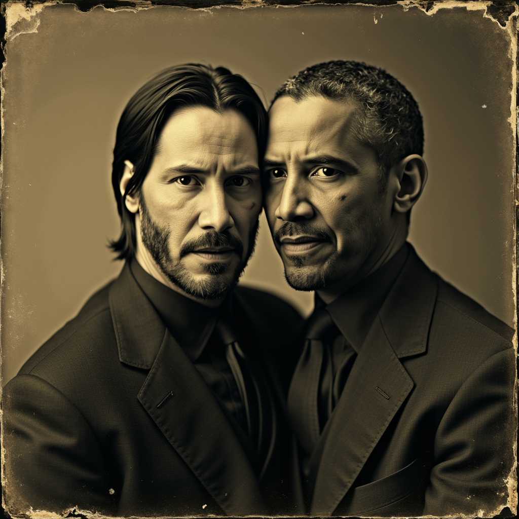 An aged worn sepia monochrome 1800s photograph, portrait d'un homme ressemblant à John Wick et un autre homme a coté de lui ressemblant à Barack Obama, ils ont leur visage face caméra