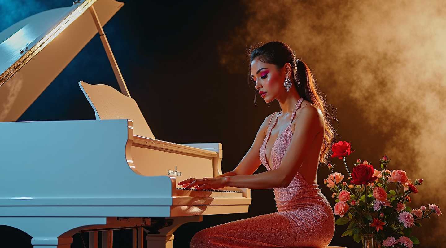 professional studio photography of a young beautiful female model in evening dress, sitting in front of a white grand piano playing melody, colorful fashion makeup, soft studio lightning, extreme colorful scene, colored smoke in background, side light, flowers beside piano, ultra high details, detailed skin texture, highness, 8k