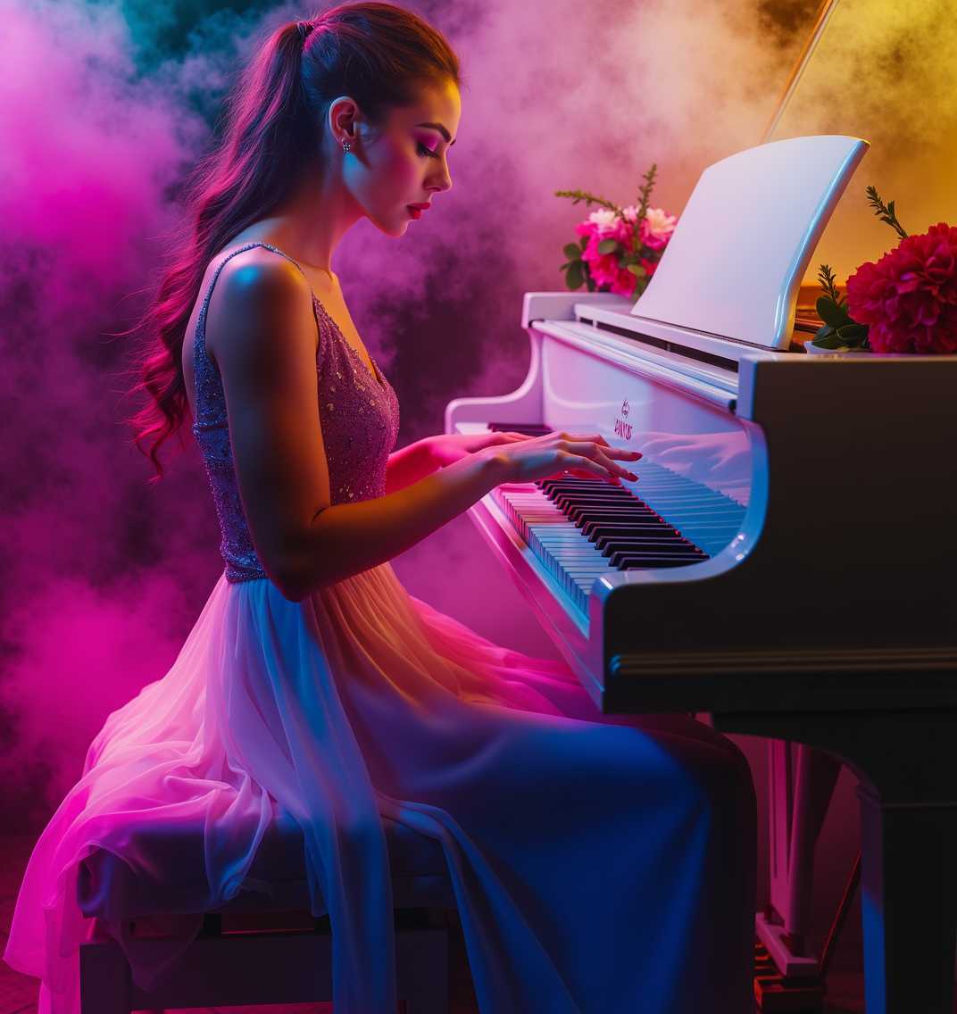 professional studio photography of a young beautiful female model in evening dress, sitting in front of a white grand piano playing melody, colorful fashion makeup, soft studio lightning, extreme colorful scene, colored smoke in background, side light, flowers beside piano, ultra high details, detailed skin texture, highness, 8k
