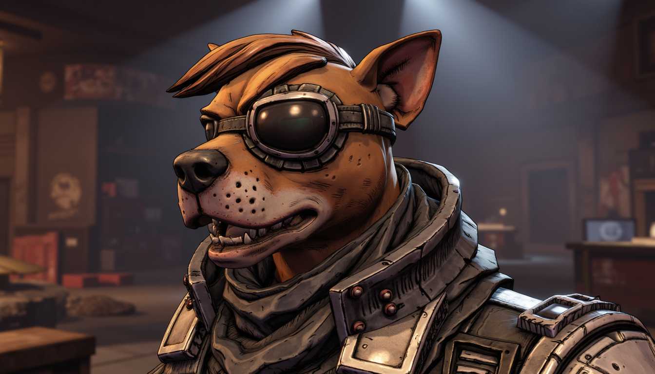 in the style of BRDR, borderlands style of a dog with armor and an eyepatch
