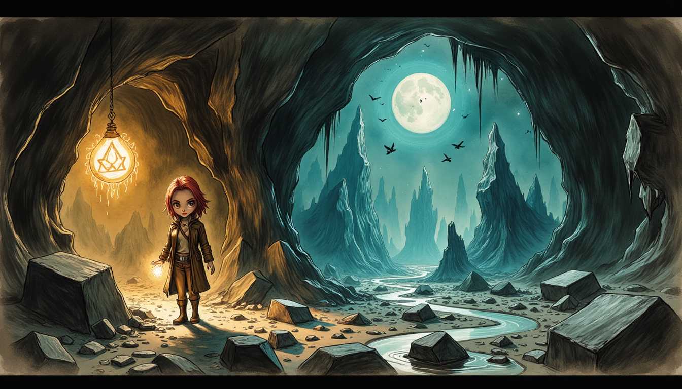 a Funky Annotated Etching, , an illustration of SBWS, A stunning mixed media collage, influenced by the artistry of Camilla D'Errico, and gustav doré. In this image, a russian girly explorer with fiery red hair, leather jacket, ventures into a mystical underground cave. She cautiously navigates through the labyrinthine tunnels, clutching a glowing crystal in her hand, as eerie shadows dance across the walls. The air is thick with anticipation, as she unravels the secrets hidden within the depths, by Masayoshi Matsumoto