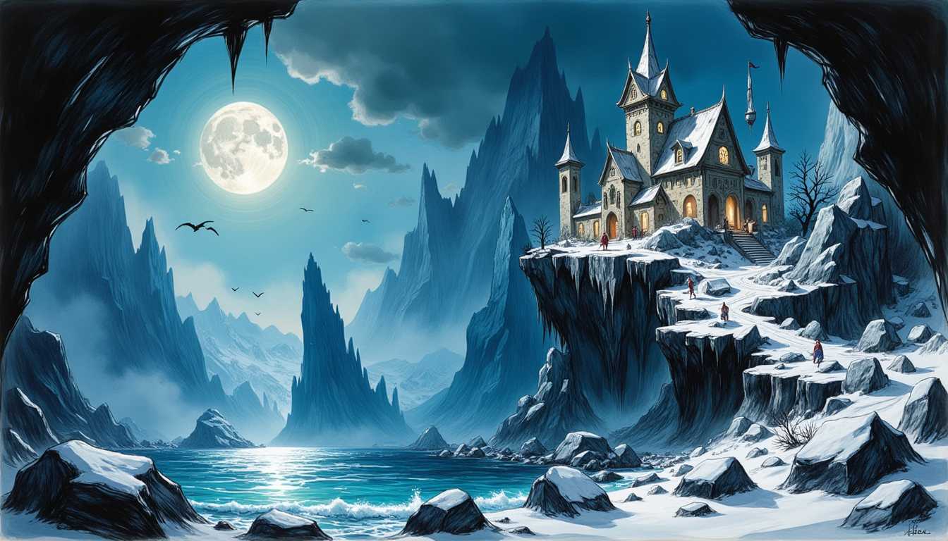 a Funky Annotated Etching, , an illustration of SBWS,A regal palace on sheer chalkstone cliffs by an indigo sea, with an arcane cavern under a snowy veil, basking in the light of a full moon on a winter's night, inspired by Peter Monsted