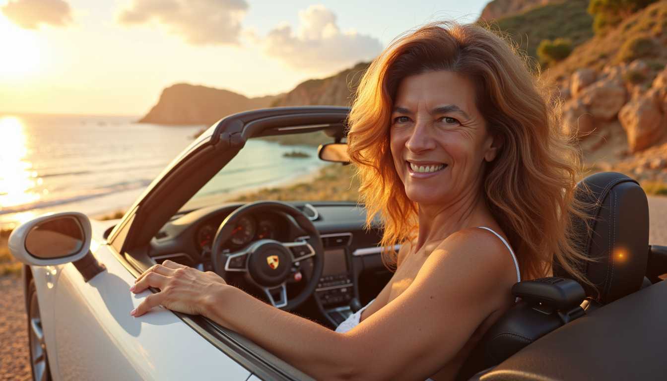 A high-resolution photo capturing the enchanting moment of Goddess Paula driving a sleek convertible Porsche along the stunning coastline of Portugal. The camera captures her from a slight side angle, highlighting her joyful smile, with her hair flowing freely in the wind. The coastal scenery is vibrant, with the azure ocean meeting the rugged cliffs and the sun setting, casting a golden hue over everything. Soft, magical light bokeh surrounds her, adding to the ethereal quality of the scene. Paula is illuminated by the golden hour light, which accentuates her divine presence. The sky is a blend of warm oranges, pinks, and purples, enhancing the serene yet exhilarating atmosphere. The overall mood is a perfect blend of freedom, joy, and divine elegance.

Photography style: Golden hour portrait photography, high-resolution, cinematic framing
Lighting: Warm, soft golden hour light with magical bokeh effects
Composition: Side-angle view, focusing on Paula’s joyful face and flowing hair as she looks at camera, with the coastal Portugal scenery in the background
Style: Modern, divine elegance, infused with magic realism
Atmosphere: Serene, exhilarating, and ethereal, with a sense of divine energy and freedom