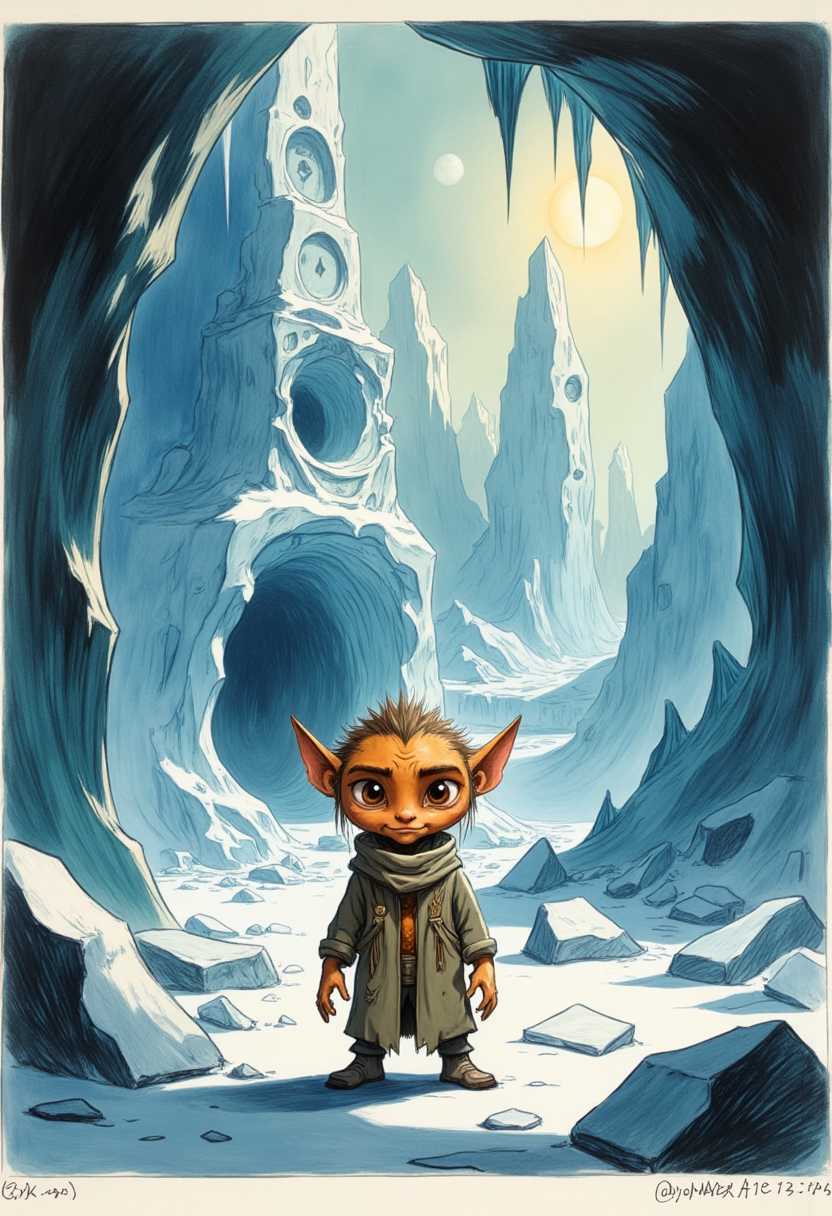 a Funky Annotated Etching, , an illustration of SBWS, photo of a cute orange skinned,reallistic, life like, hot stuff, goblin with whiskers, posing in a secret arctic vault, extremely detailed, 8k, intricate, ice, ice shots, mountaisn of ice, 