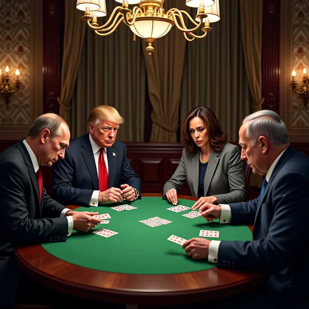 A high-stakes card game taking place in an opulent, dimly lit room with rich mahogany furniture and elegant, intricately patterned wallpaper. Vladimir Putin, Donald Trump, Kamala Harris, and Benjamin Netanyahu are seated around a round table with a green felt surface. Putin, with a stern expression, in a sharp, dark suit, sits to the left; Trump, wearing a signature navy suit and red tie, leans forward with a confident smirk; Harris, poised and professional in a grey blazer, peers intently at her cards; Netanyahu, in a classic blue suit, appears deep in thought. The room is softly illuminated by a grand chandelier hanging above, casting warm light and soft shadows. The background features heavy drapes, adding to the room's luxurious ambiance. The mood is tense and competitive, captured in a hyper-realistic, painterly style that combines photorealism with slight artistic flair. The camera angle is at eye level, capturing the intensity and focus on their faces, with an over-the-shoulder perspective showcasing the cards and the players' expressions. The atmosphere suggests a late evening, creating a sense of intrigue and drama.