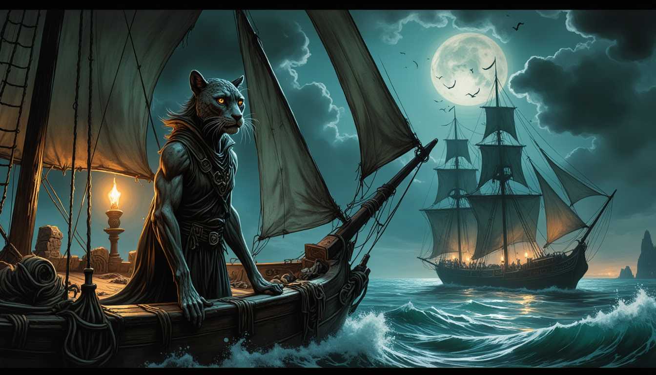 an illustration of SBWS, , a Funky Annotated Etching,a close-up of  a humanoid jaguar pirate, aboard a dark, creaky old galleon, surrounded by intricate ropes and sails, with a moody, atmospheric style, in the tradition of Jeremy Mann, Abigail Larson, Carne Griffith, and Jacob van Ruisdael