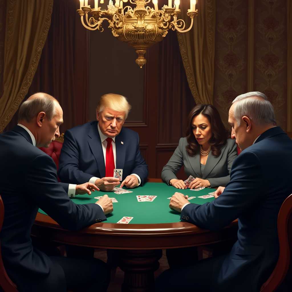 Photorealistic, a high-stakes card game taking place in an opulent, dimly lit room with rich mahogany furniture and elegant, intricately patterned wallpaper. Vladimir Putin, Donald Trump, Kamala Harris, and Benjamin Netanyahu are seated around a round table with a green felt surface. Putin, with a stern expression, in a sharp, dark suit, sits to the left; Trump, wearing a signature navy suit and red tie, leans forward with a confident smirk; Harris, poised and professional in a grey blazer, peers intently at her cards; Netanyahu, in a classic blue suit, appears deep in thought. The room is softly illuminated by a grand chandelier hanging above, casting warm light and soft shadows. The background features heavy drapes, adding to the room's luxurious ambiance. The mood is tense and competitive, captured in a hyper-realistic, painterly style that combines photorealism with slight artistic flair. The camera angle is at eye level, capturing the intensity and focus on their faces, with an over-the-shoulder perspective showcasing the cards and the players' expressions. The atmosphere suggests a late evening, creating a sense of intrigue and drama.
