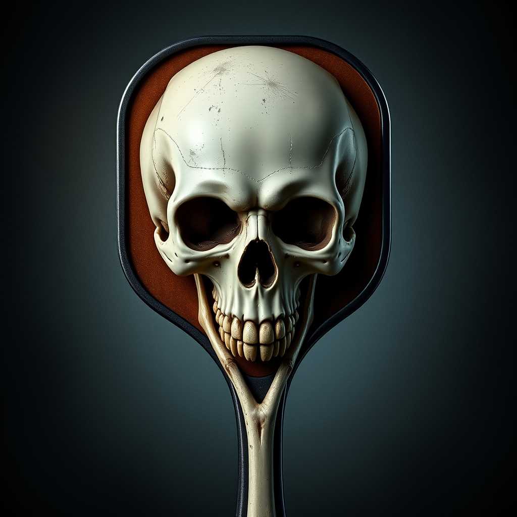 A hyper-realistic illustration of an eerie skull shaped like a pickleball paddle, with intricate bone textures and details. The neck serves as the handle and is composed of realistic, weathered bones. The skull's surface is slightly glossy, highlighting its curves and contours, while casting subtle reflections. The lighting is dramatic and moody, emphasizing the shadows and highlights on the bone surface. Set against a dark, textured background with a soft ambient glow to accentuate the surreal form. The image should evoke a sense of macabre curiosity, blending elements of the grotesque with curiosity, reminiscent of a dark fantasy illustration. The visual style should be highly detailed and texturally rich, akin to Boris Vallejo's fantasy art or H.R. Giger’s biomechanical structures. The composition frames the skull-paddle centrally, slightly tilted to reveal both the front and the handle in a balanced perspective.