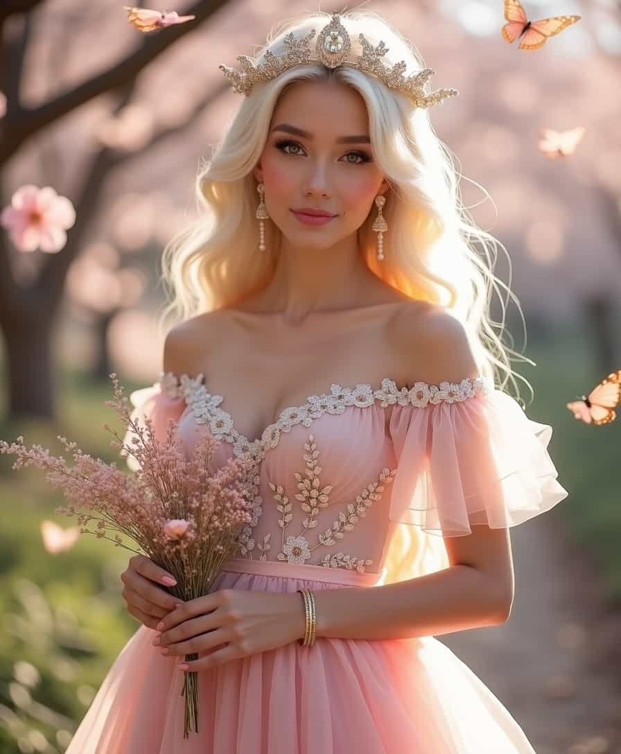 An 18-year-old French ingénue, with flawless porcelain skin and angelic, delicate features, stands in an exquisitely feminine pose. Her long, platinum blonde hair is styled in soft, cascading waves, adorned with a delicate tiara of tiny, sparkling crystals and interwoven with pastel pink silk ribbons. She wears an ethereal, pastel pink tulle gown with an off-the-shoulder sweetheart neckline, cinched at the waist with a satin ribbon, and flowing down to her feet in layers of airy, gossamer fabric. The gown is embellished with intricate lace appliqués, tiny hand-sewn pearls, and delicate floral embroidery, adding a touch of opulence and grace. Her dainty feet are clad in satin ballet flats, each adorned with a delicate bow. Her makeup is flawlessly applied, with a soft pink lip, rosy cheeks, and a hint of shimmer on her eyelids, enhancing her doe-like eyes. She accessorizes with a pair of pearl drop earrings, a delicate gold bracelet, and a dainty heart-shaped locket. The lighting is soft and diffused, creating a dreamy, almost fairy-tale-like ambiance. A gentle spotlight highlights her face and upper body, casting a soft glow that enhances her delicate features and the intricate details of her gown. The background is an enchanting garden scene, with blooming cherry blossoms, twinkling fairy lights, and a soft, pastel-hued sky, adding a touch of magic and enchantment to the scene. Her pose is graceful and demure, with one hand gently holding a small bouquet of wildflowers and the other resting lightly on her hip, her head slightly tilted and her gaze directed towards the camera, exuding a sense of innocence, purity, and ethereal beauty. Surrounding her are delicate butterflies, fluttering around her, adding an extra layer of whimsy and femininity to the scene.