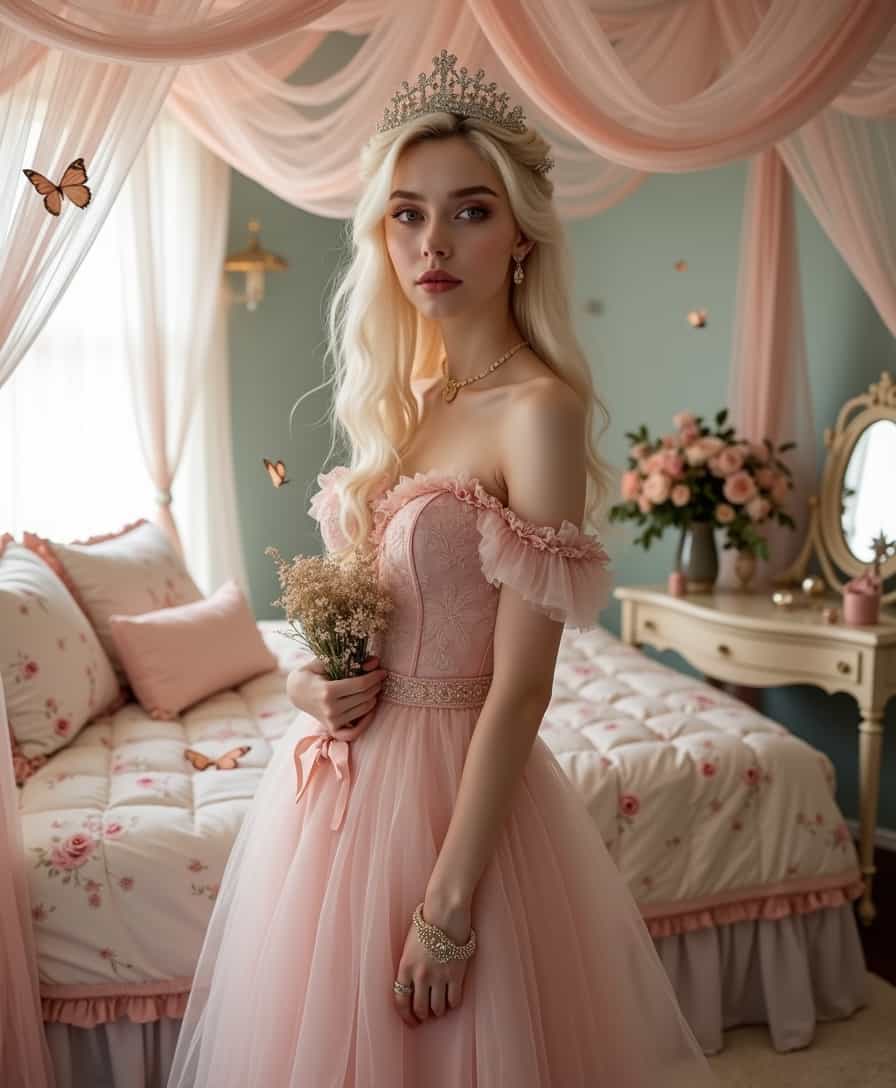 An 18-year-old French ingénue, with flawless porcelain skin and angelic, delicate features, stands in an exquisitely feminine pose. Her long, platinum blonde hair is styled in soft, cascading waves, adorned with a delicate tiara of tiny, sparkling crystals and interwoven with pastel pink silk ribbons. She wears an ethereal, pastel pink tulle gown with an off-the-shoulder sweetheart neckline, cinched at the waist with a satin ribbon, and flowing down to her feet in layers of airy, gossamer fabric. The gown is embellished with intricate lace appliqués, tiny hand-sewn pearls, and delicate floral embroidery, adding a touch of opulence and grace. Her dainty feet are clad in satin ballet flats, each adorned with a delicate bow. Her makeup is flawlessly applied, with a soft pink lip, rosy cheeks, and a hint of shimmer on her eyelids, enhancing her doe-like eyes. She accessorizes with a pair of pearl drop earrings, a delicate gold bracelet, and a dainty heart-shaped locket. The lighting is soft and diffused, creating a dreamy, almost fairy-tale-like ambiance. A gentle spotlight highlights her face and upper body, casting a soft glow that enhances her delicate features and the intricate details of her gown. The background is an exquisitely feminine bedroom, with a canopy bed draped in sheer, pastel pink curtains, adorned with delicate lace and satin ribbons. The bed is covered in a plush, quilted duvet with floral patterns and an array of decorative pillows in soft hues. A vintage vanity table with an ornate mirror, adorned with delicate trinkets and a vase of fresh roses, adds a touch of elegance. Her pose is graceful and demure, with one hand gently holding a small bouquet of wildflowers and the other resting lightly on her hip, her head slightly tilted and her gaze directed towards the camera, exuding a sense of innocence, purity, and ethereal beauty. Surrounding her are delicate butterflies, fluttering around her, adding an extra layer of whimsy and femininity to the scene.