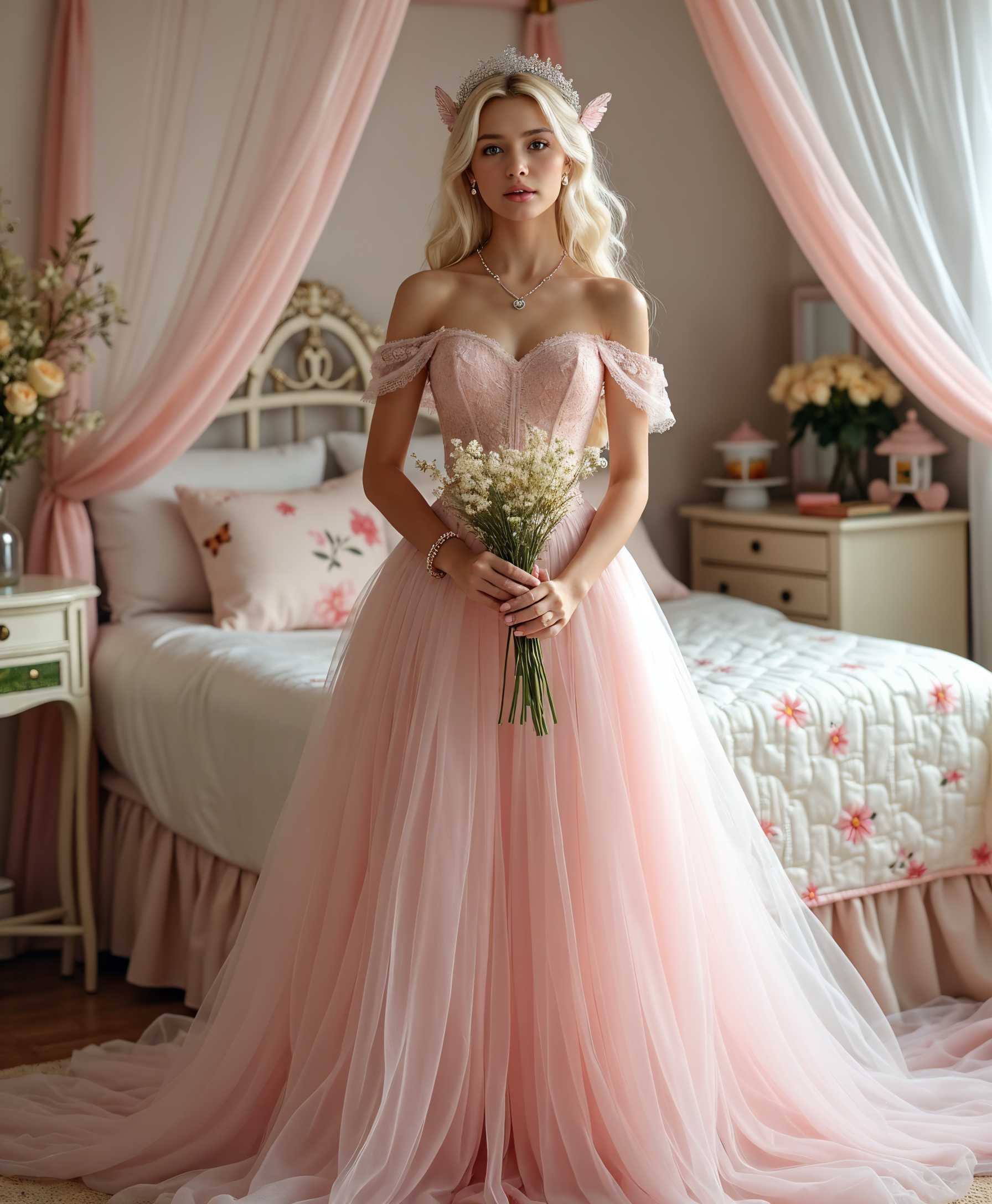 Blush Pink Gown with Floral Accents, Standing in a Lavishly Decorated Bedroom