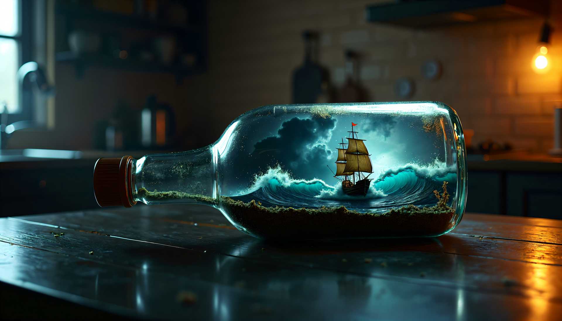 Maritime Adventure in a Bottle: A Dramatic and Imaginative Scene.