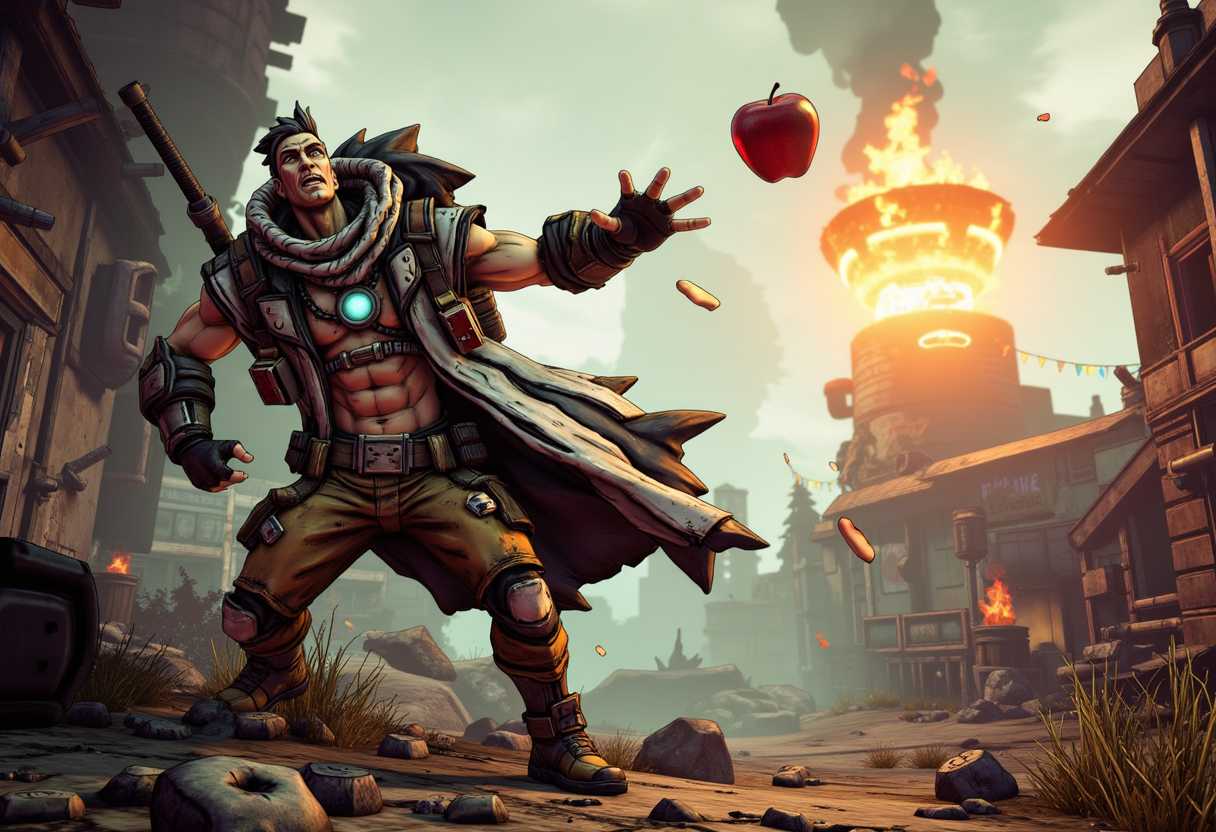 in the style of BRDR, , borderlands a guy throwing an apple in the air