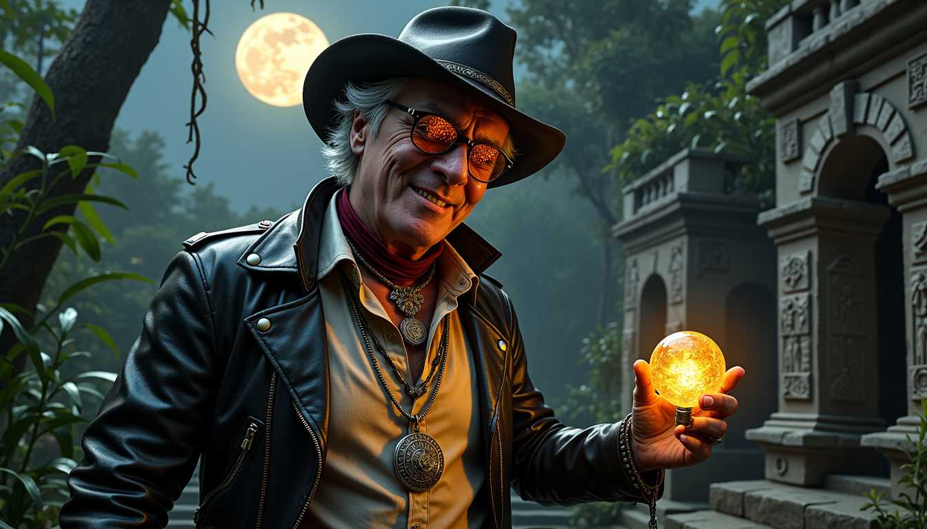 SteffN, a photo of SteffN man, NIGHT TIME FULL MOON, MOON LIGHT++, , A high-resolution photograph capturing an elegant 50-year-old man named SteffN laughing to the camera. SteffN is dressed in a cool, black dirty leather jacket adorned with tokens, charms, chains, and amulets. His collar is turned up, adding an edgy flair. Beneath the jacket, he wears a dirty white shirt with the collar also turned up and tugged outside his pants. Around his neck are multiple necklaces and amulets. He completes the look with black leather shoes, black gloves, a black cowboy hat, and a red neck cloth with black texture. SteffN wears sunglasses with transparent orange glass, reflecting a glowing golden artifact. A whip is tucked into his belt, adding a steampunk touch. SteffN holds an ornamented glowing artifact in his right hand and a treasure map in his left hand.

**Background**: The scene is set at night under a full moon, in the eerie surroundings of an ancient Aztec temple. Moonlight filters through the dense rainforest, casting a ghostly glow on the sandstone sculptures of Aztec deities that are dotted with fading hieroglyphs. Water droplets glisten on the surfaces, and the atmosphere is thick with fear and horror as snakes, caterpillars, spiders, and