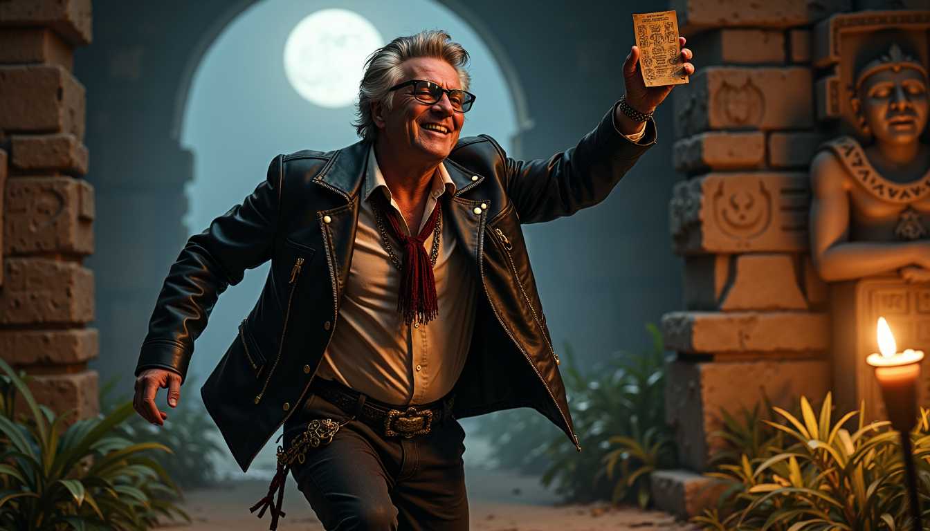 SteffN, a photo of SteffN man, NIGHT TIME FULL MOON, MOON LIGHT++,water droplets, A high-resolution photograph capturing an elegant 50-year-old man named SteffN, laughing, running fast, towards the camera, SteffN is dressed  in COOL black DIRTY leather jacket WITH TOKENS CHARMS CHAINS AMULETS (TORN) (COLLAR UP++), SteffN wears a dirty white shirt with the collar also turned up and tugged outside SteffN BLACK LEATHER PANTS, pants, NECLASE AMULETS,  black leather shoes, BLACK GLOVES, BLACK COWBOYHAT, RED NECK CLOTH WITH BLACK TEXTURE, SteffN ARE WEARING glasses with transparent REFLECTING glass reflecting its surroundings, steampunk accessories, SteffN holds up an ornamented glowing (artifact snake) in SteffN RIGHT hand, laugh at the camera, HOLDS A TREASURE MAP IN HES LEFT HAND
Background: ancient Aztec temple NIGHT TIME++, GARGOILES, FULL MOON, MOON LIGHT, sandstone sculptures of Aztec deities around fading hieroglyphs, moon light rainforest, temple ruin, ,snakes, catapillars, spiders, rats, horror, fear, eerie, torch burning on wall, orange glow, contrast, long shadows, film noir, Volumetric moon light, 