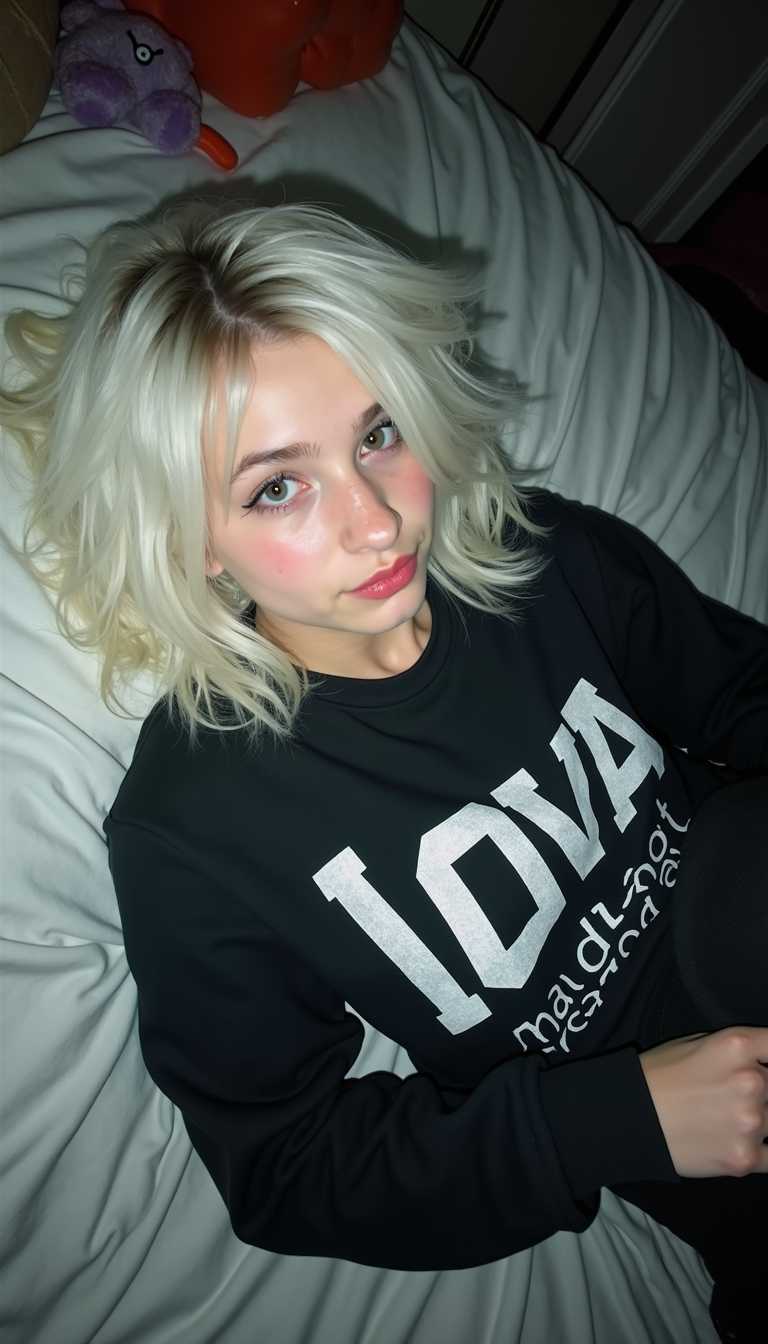 A low-quality noisy selfie of an emo teenager lying on her bed, her hair is almost white, she's dressed in emo clothes, posted on Myspace in 2019