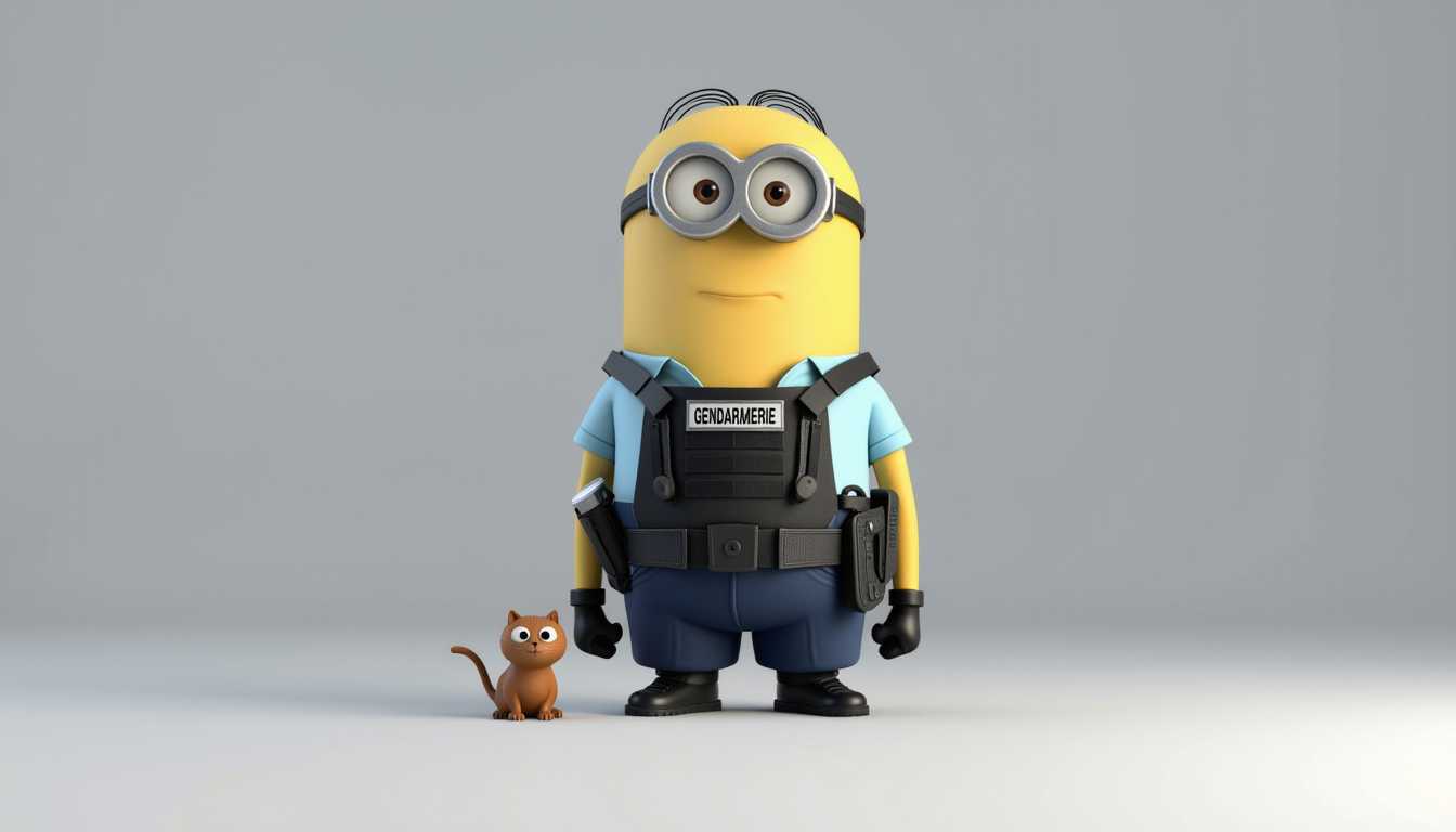 3D pixar cartoon style of a Minion, heoric pose, dressed in a light blue short-sleeved g3nda4m polo shirt . The shirt is paired with dark blue g3nda4m pants. Also, he is wearing with a black g3nda4m bulletproof vest with a patch on chest with the white text "GENDARMERIE" on it, g3nda4m boots and a black utility g3nda4m belt equipped with various tools, including a flashlight, radio. a cat is sitting on his left.