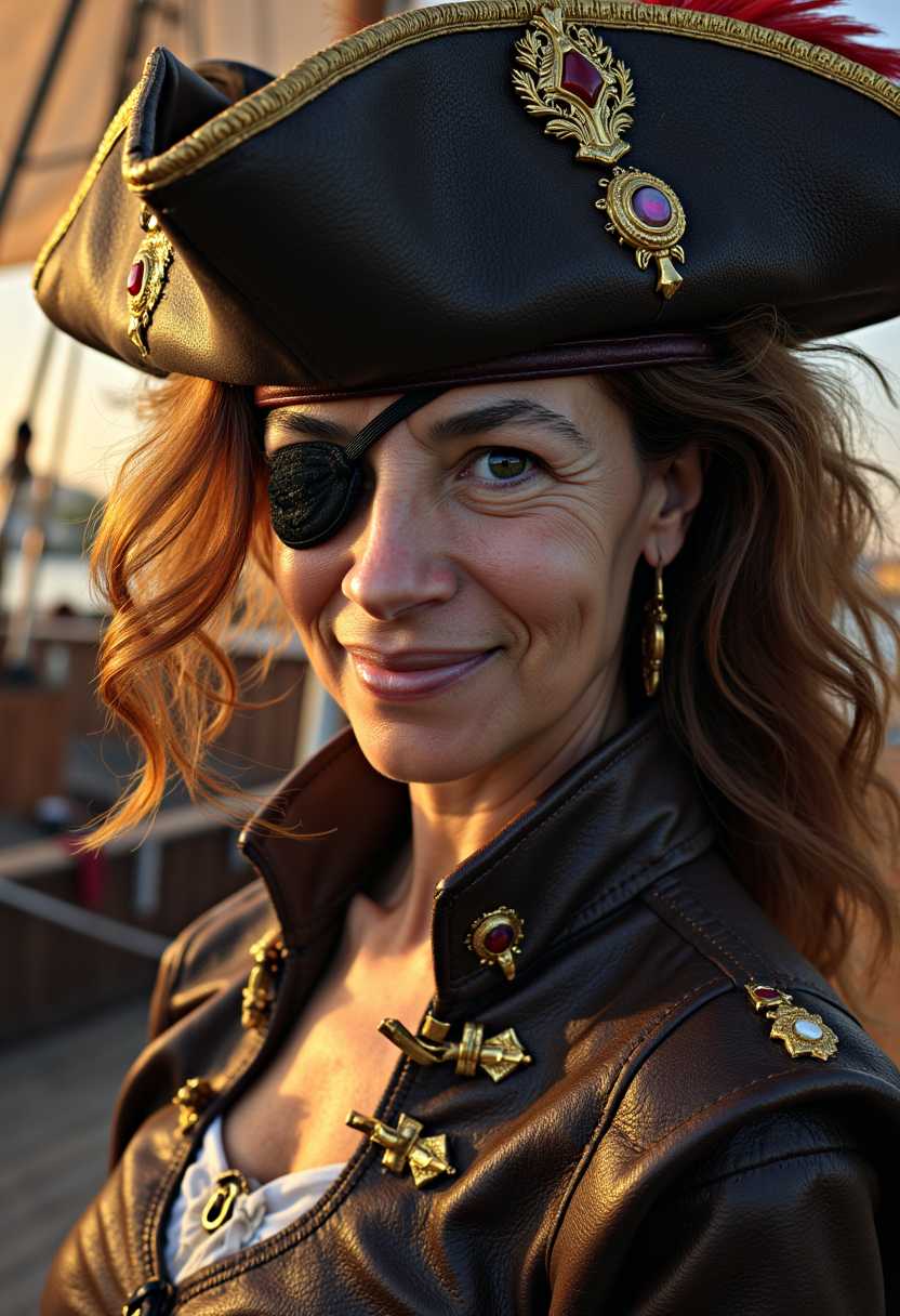 Close-up portrait of smiling Goddess Paula_2 as a 17th-century pirate ship captain wearing an eyepatch, intricate details in her ornate captain's hat adorned with feathers and jewels; her piercing eyes reflecting authority and wisdom. The textured, weathered leather of her coat is embellished with golden embroidery and clasps. The background hints at the wooden deck of an ancient pirate ship, illuminated by the warm, golden hues of a setting sun casting dramatic shadows. Soft wind tousles her hair, adding movement and a sense of adventure. Surreal realism art style, emphasizing detailed textures and vibrant colors. The overall mood exudes mystique and power, capturing the essence of the age of piracy.